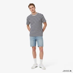 Erkek Relaxed Fit Bisiklet Yaka Çizgili Lacivert T-Shirt Lacivert