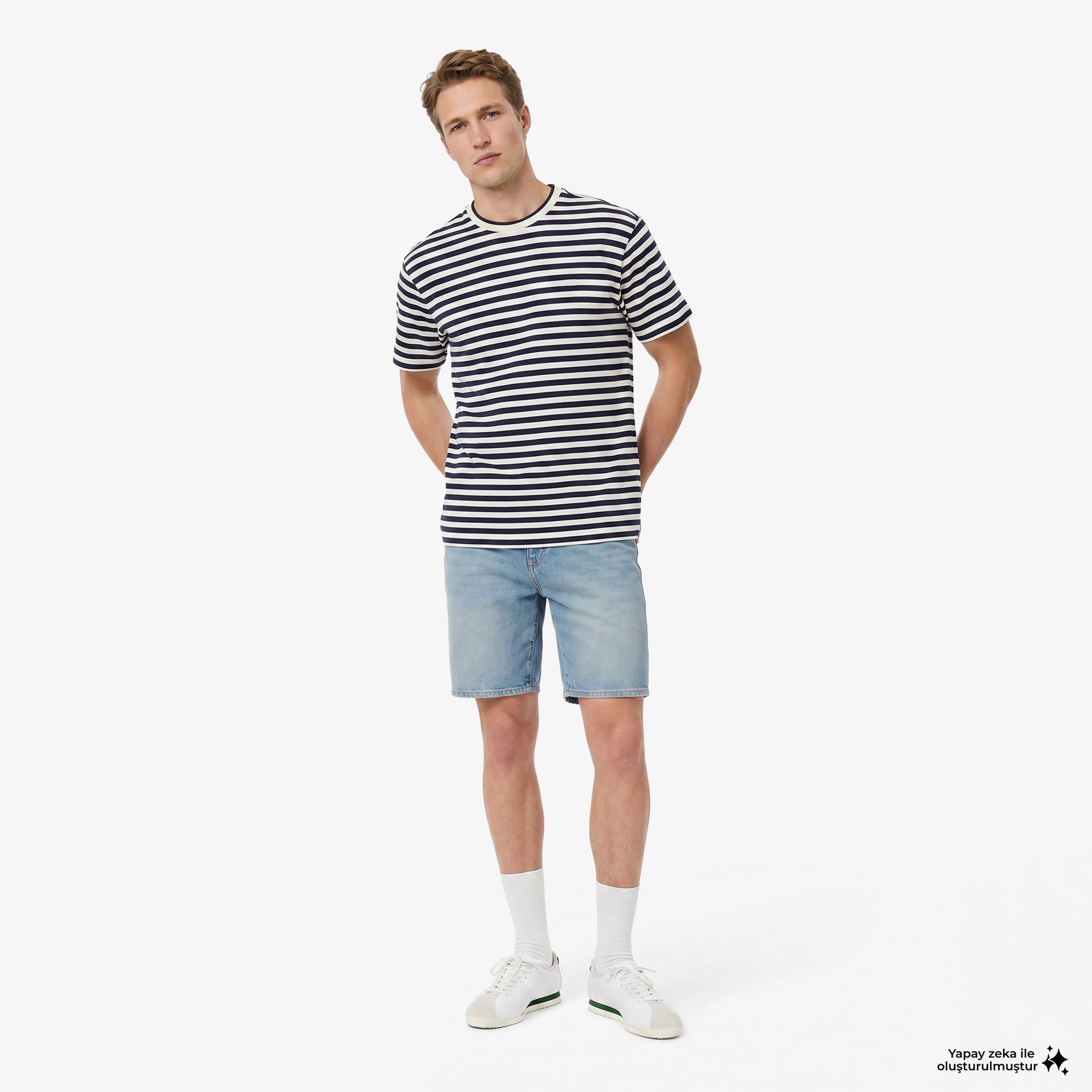 Erkek Relaxed Fit Bisiklet Yaka Çizgili Lacivert T-Shirt Erkek Relaxed Fit Bisiklet Yaka Çizgili Lacivert T-Shirt