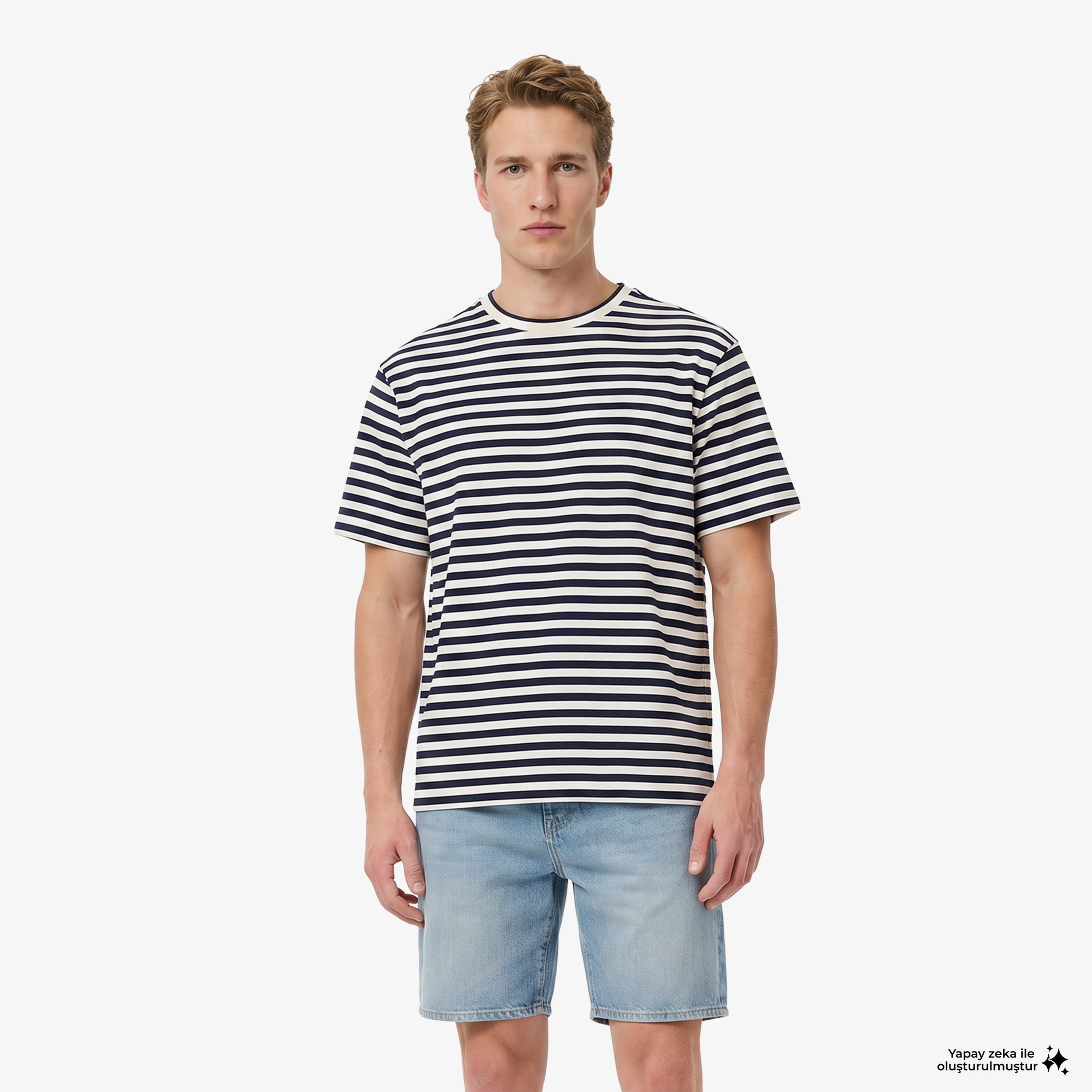 Erkek Relaxed Fit Bisiklet Yaka Çizgili Lacivert T-Shirt Erkek Relaxed Fit Bisiklet Yaka Çizgili Lacivert T-Shirt