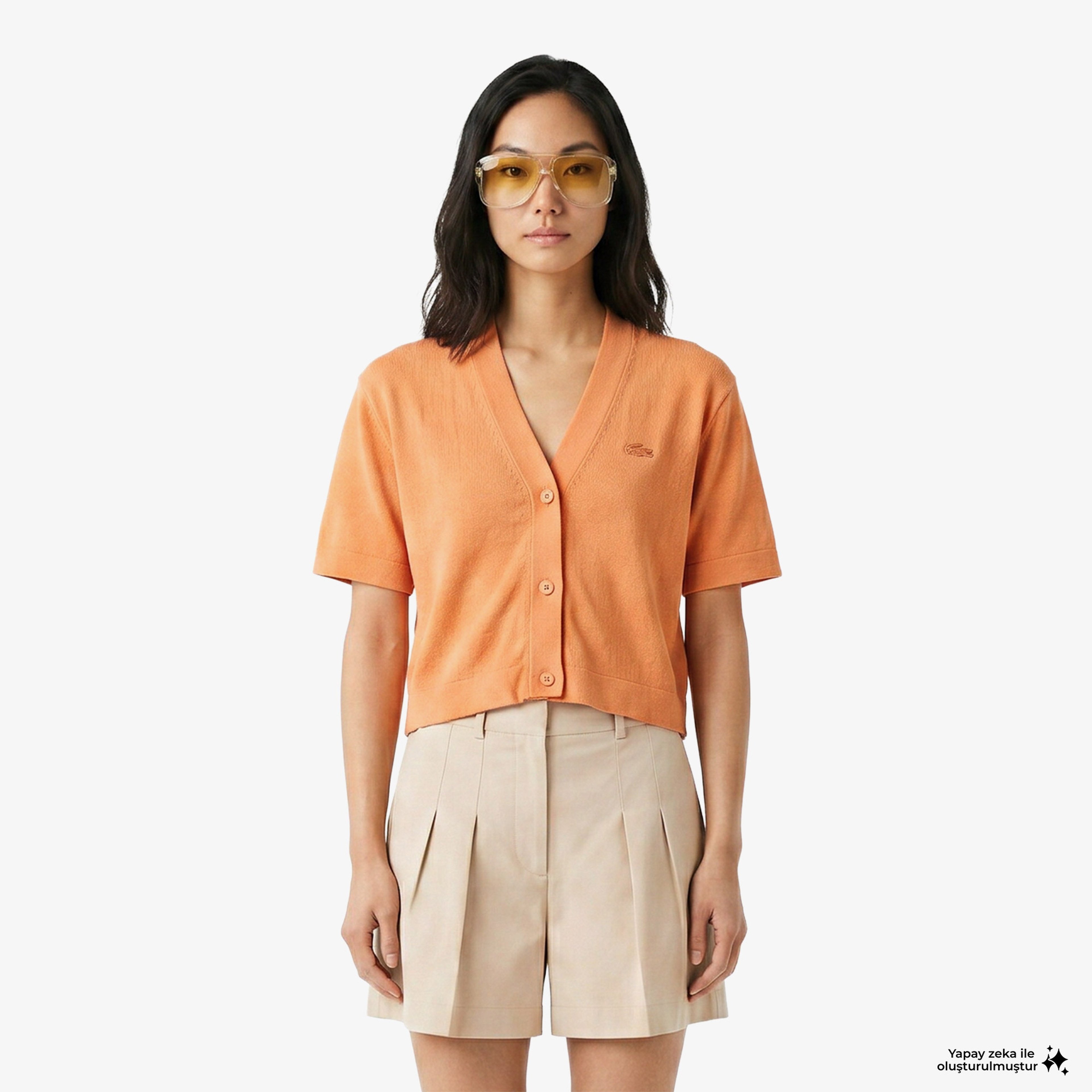 Kadın Relaxed Fit Kısa Kollu V Yaka Keten Turuncu Hırka Kadın Relaxed Fit Kısa Kollu V Yaka Keten Turuncu Hırka