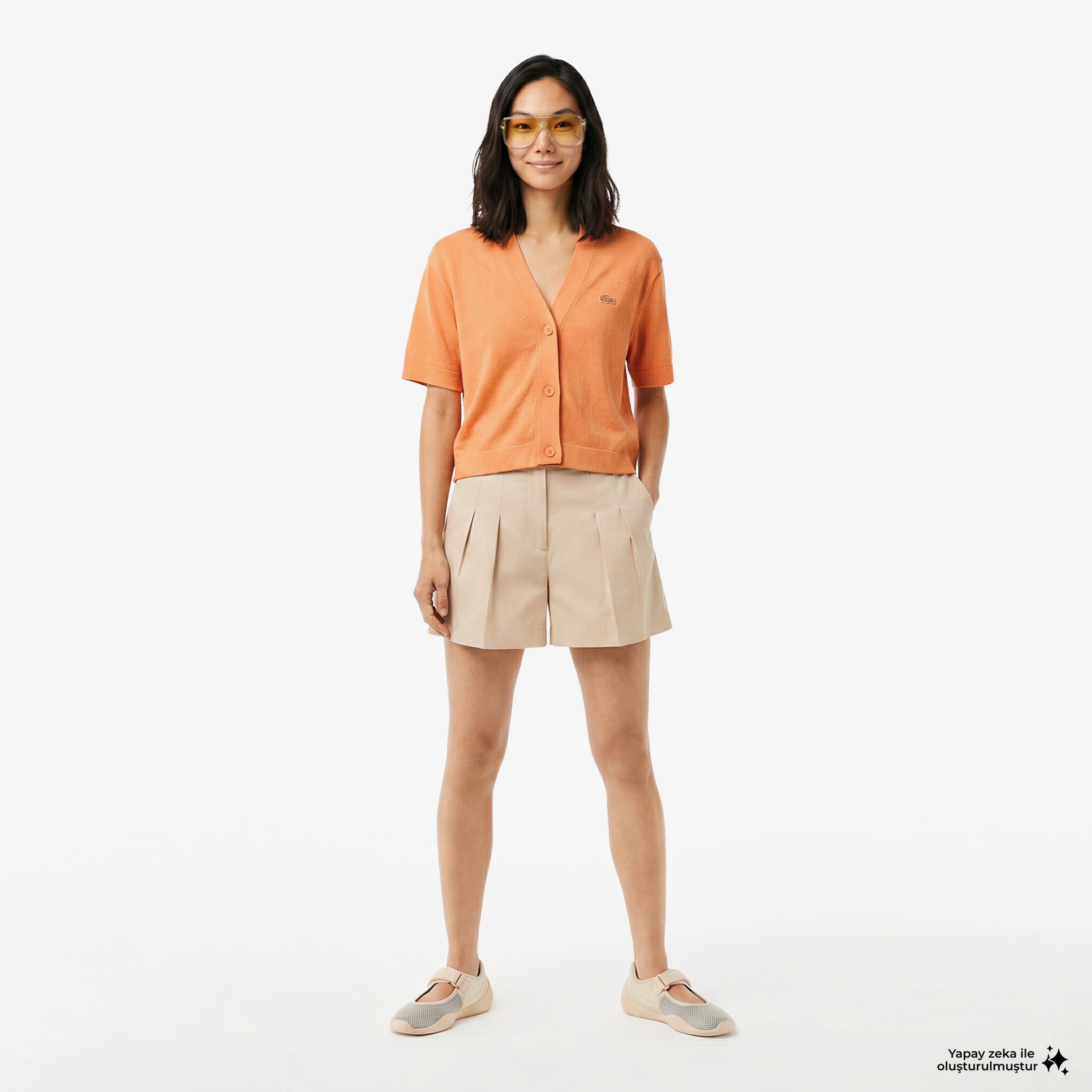 Kadın Relaxed Fit Kısa Kollu V Yaka Keten Turuncu Hırka Kadın Relaxed Fit Kısa Kollu V Yaka Keten Turuncu Hırka