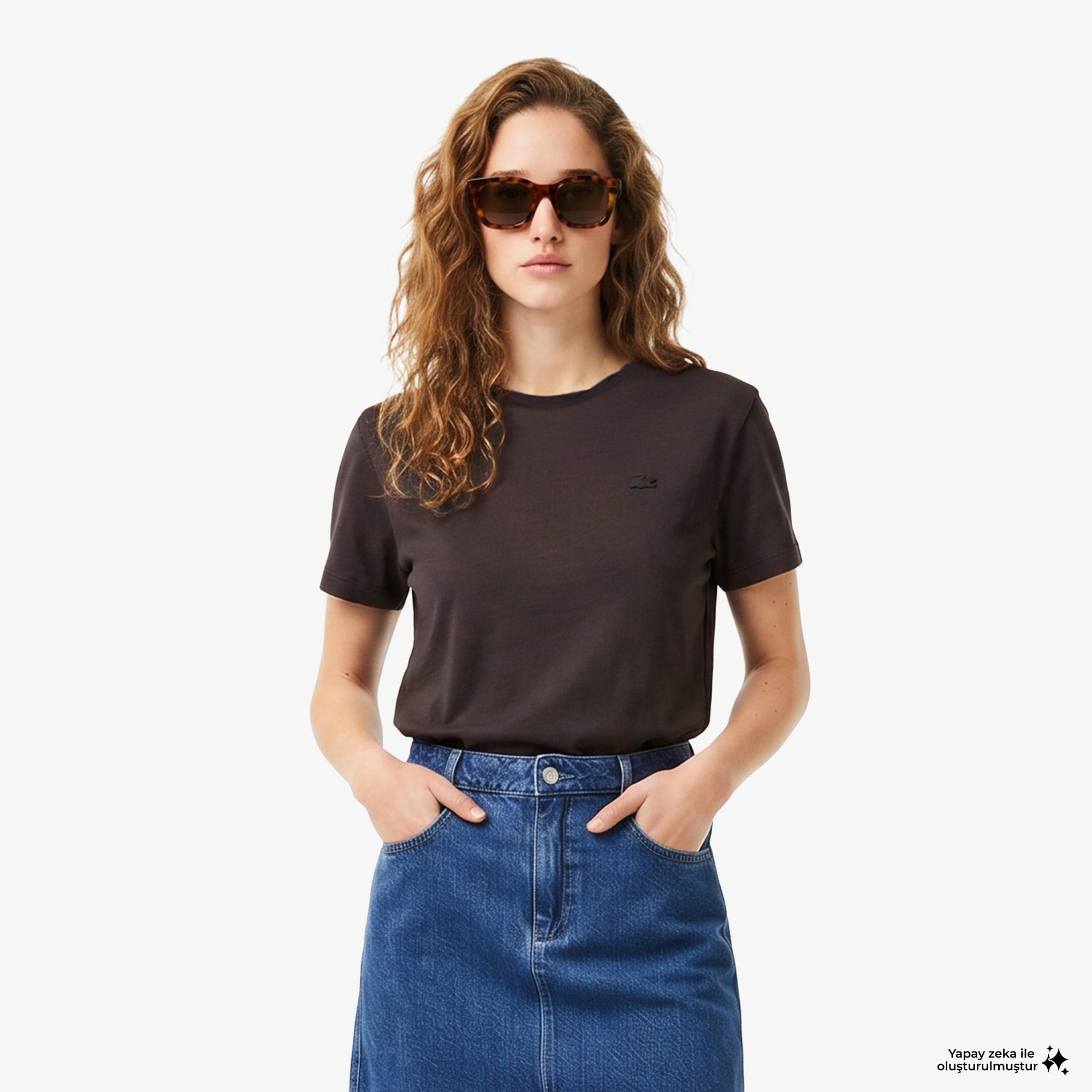 Kadın Loose Fit V Yaka Kahverengi T-Shirt