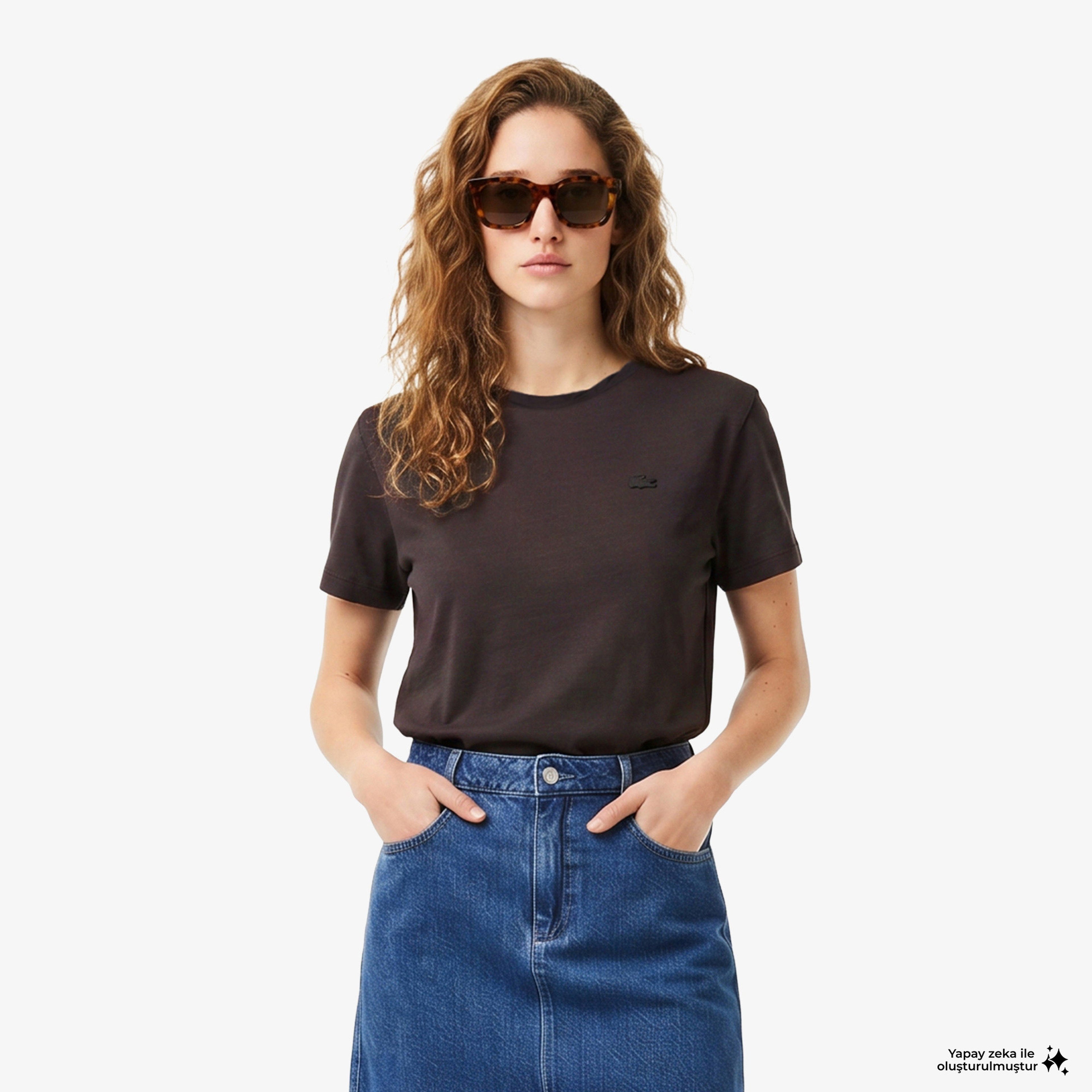 Kadın Loose Fit V Yaka Kahverengi T-Shirt Kadın Loose Fit V Yaka Kahverengi T-Shirt