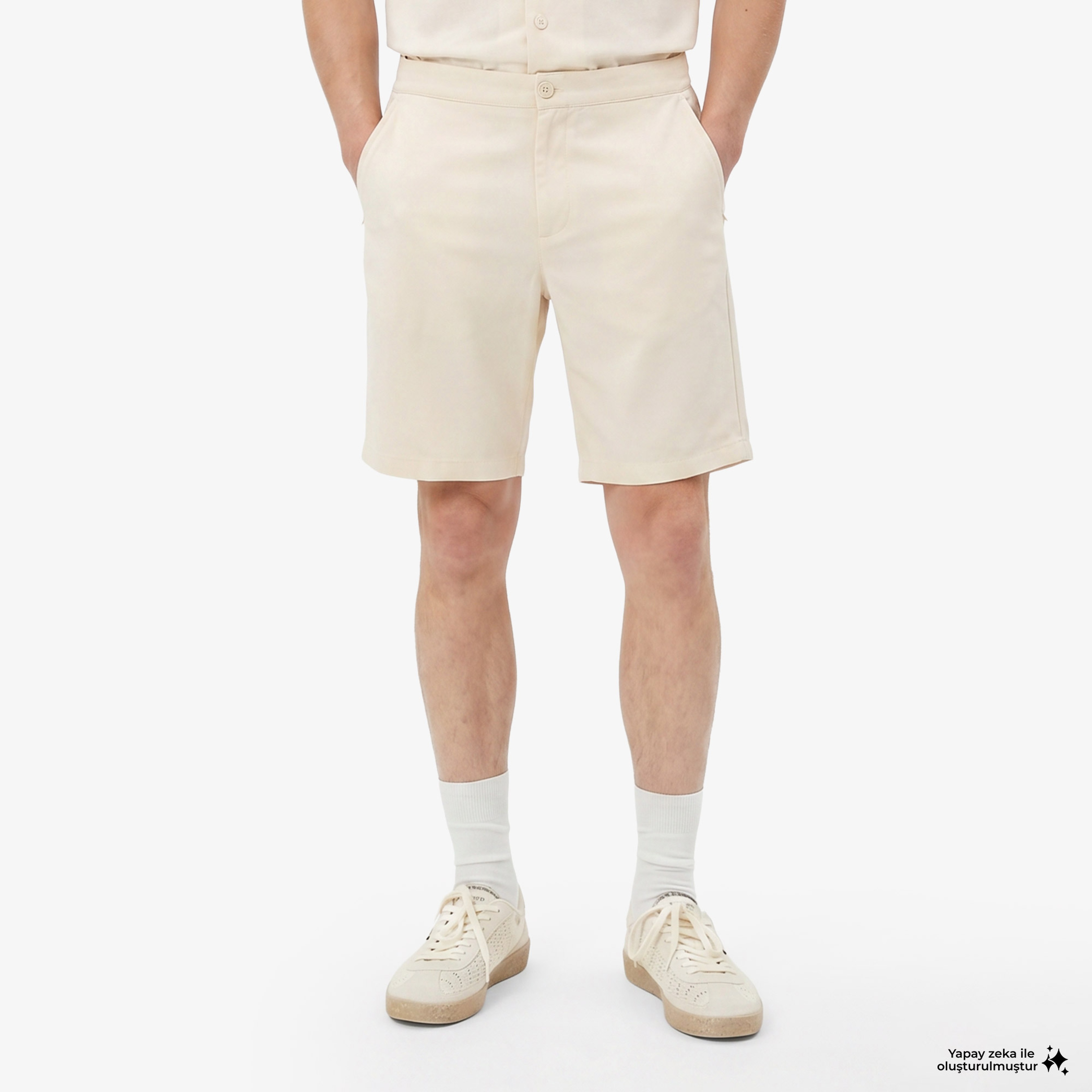 Erkek Tapered Fit Keten Bej Bermuda Şort