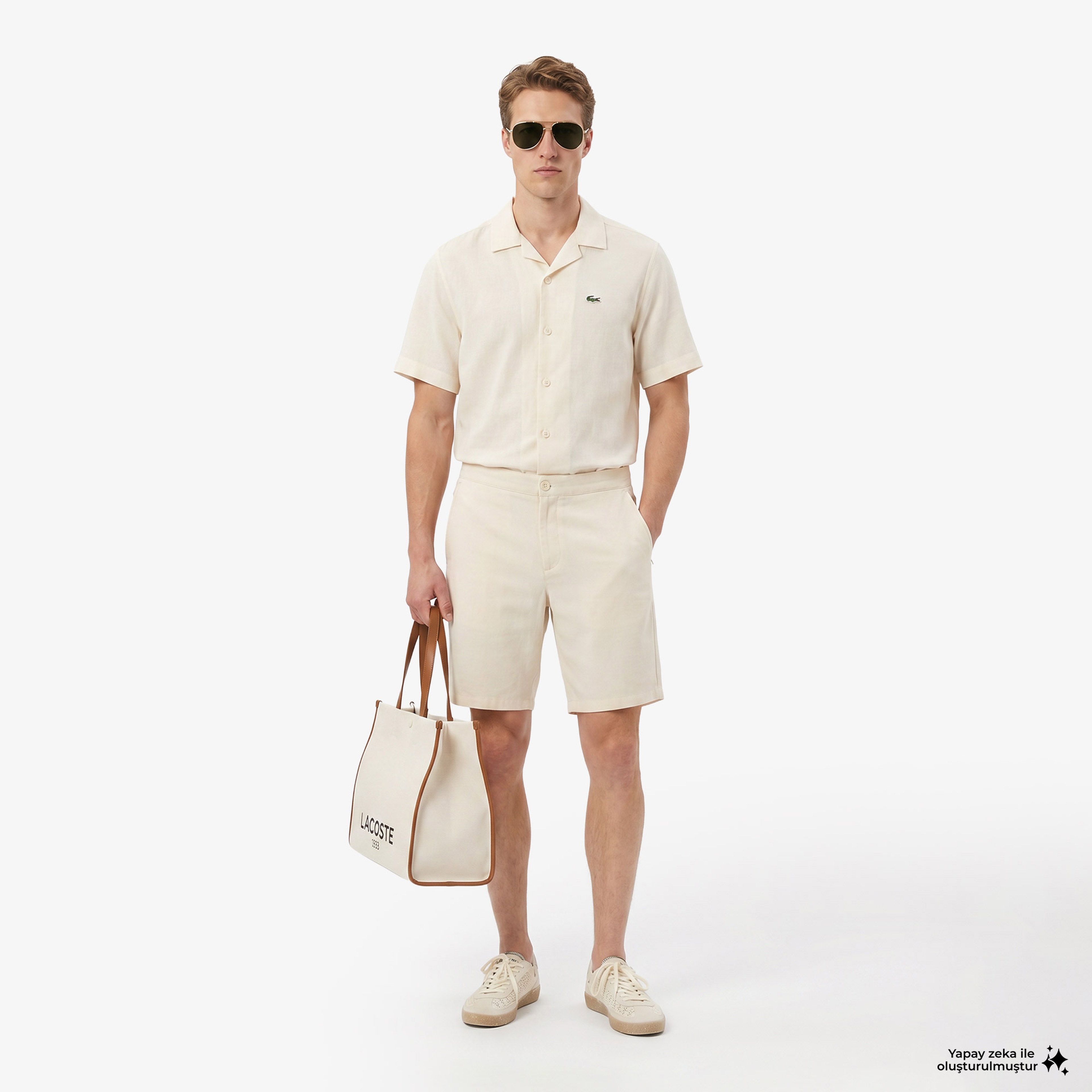 Erkek Tapered Fit Keten Bej Bermuda Şort