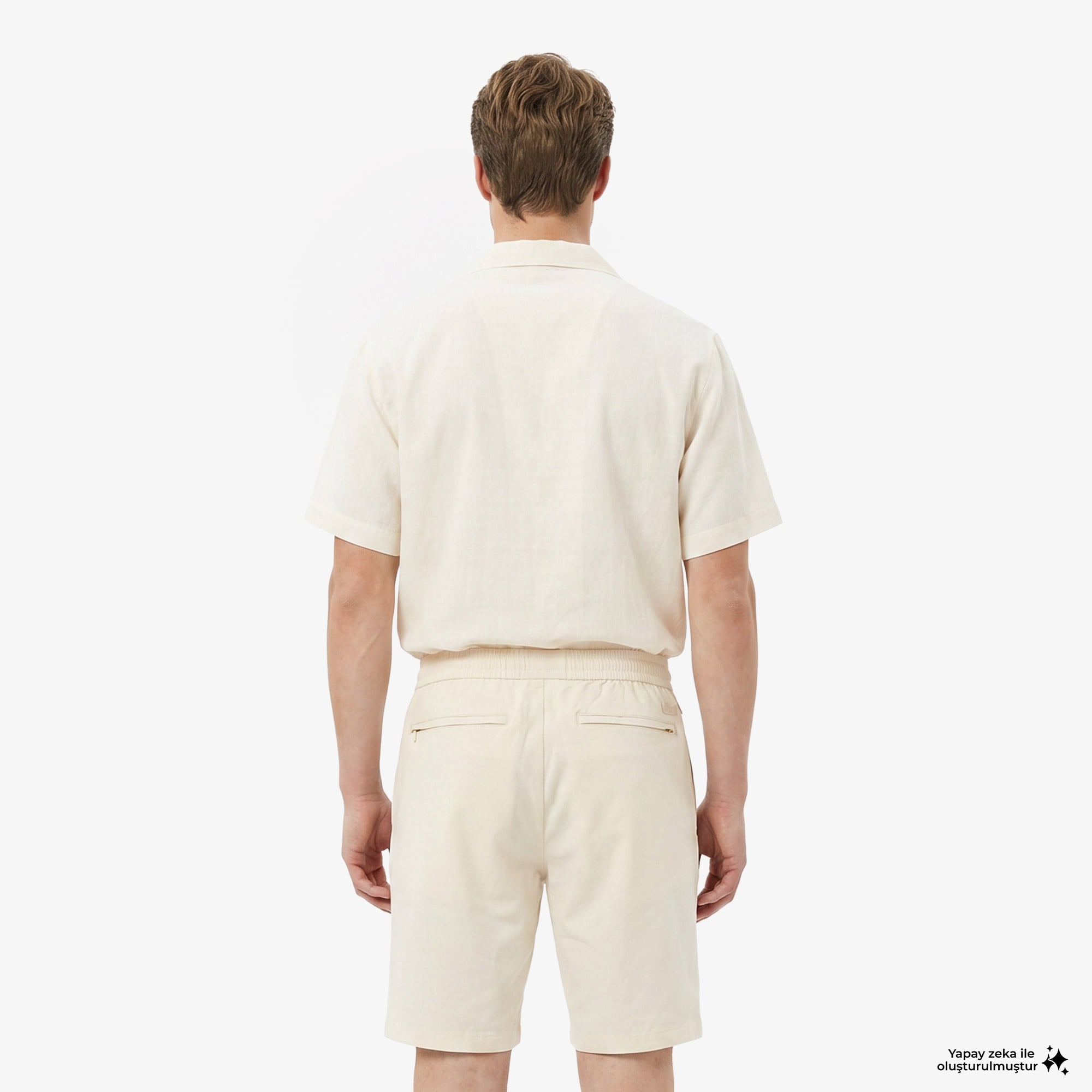 Erkek Tapered Fit Keten Bej Bermuda Şort