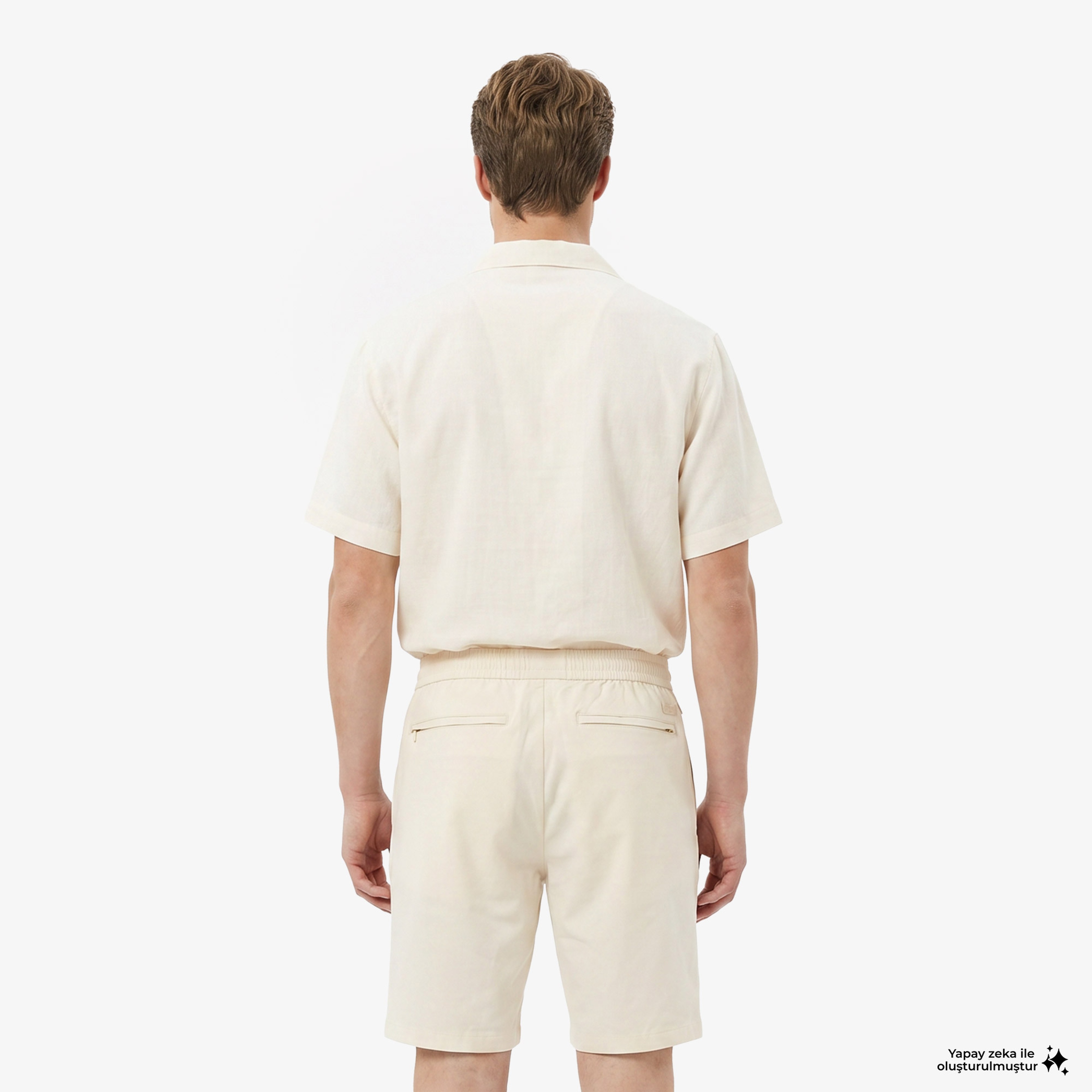 Erkek Tapered Fit Keten Bej Bermuda Şort