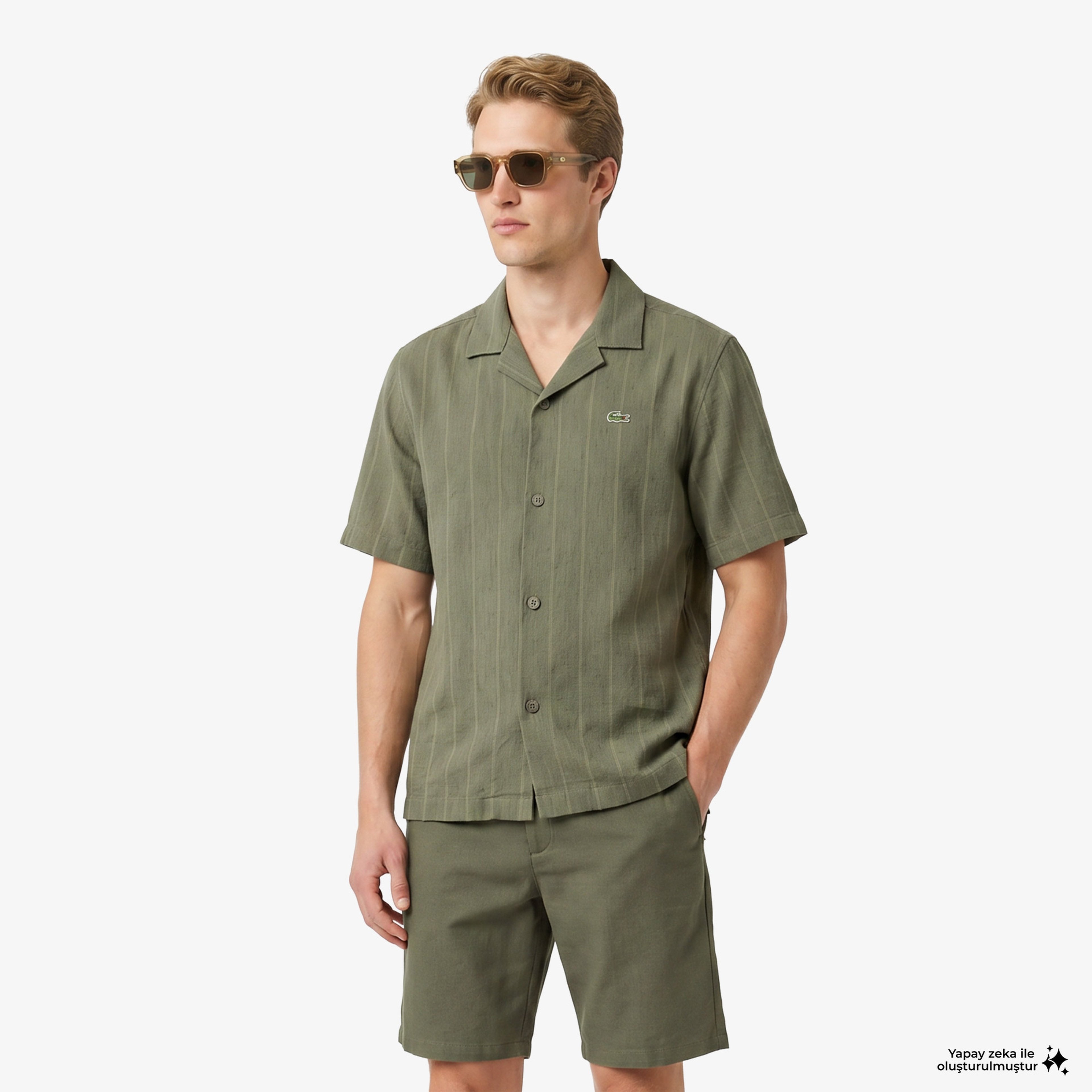 Erkek Relaxed Fit Kısa Kollu Çizgili Haki Gömlek Erkek Relaxed Fit Kısa Kollu Çizgili Haki Gömlek