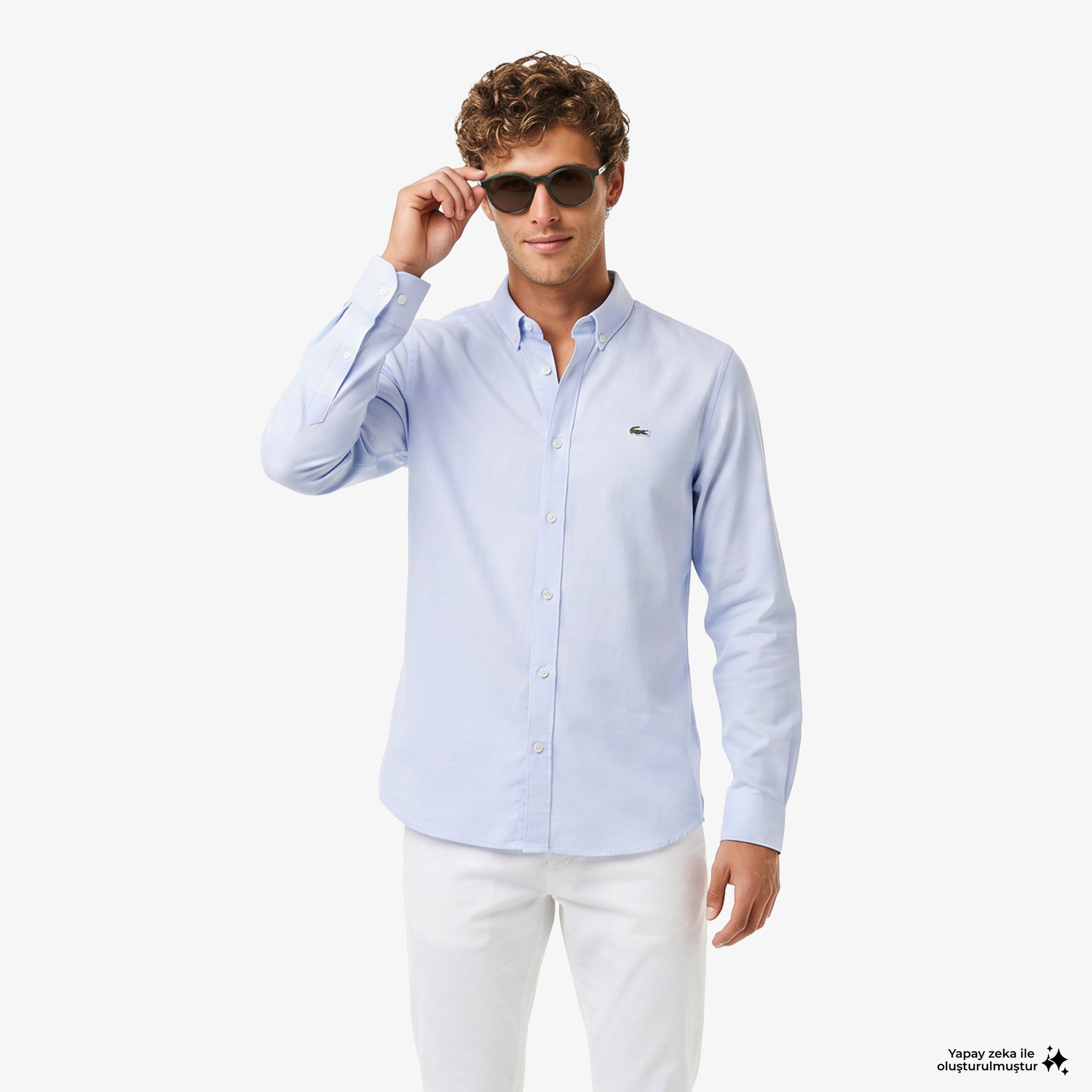 Erkek Slim Fit Düğmeli Yaka Mavi Gömlek