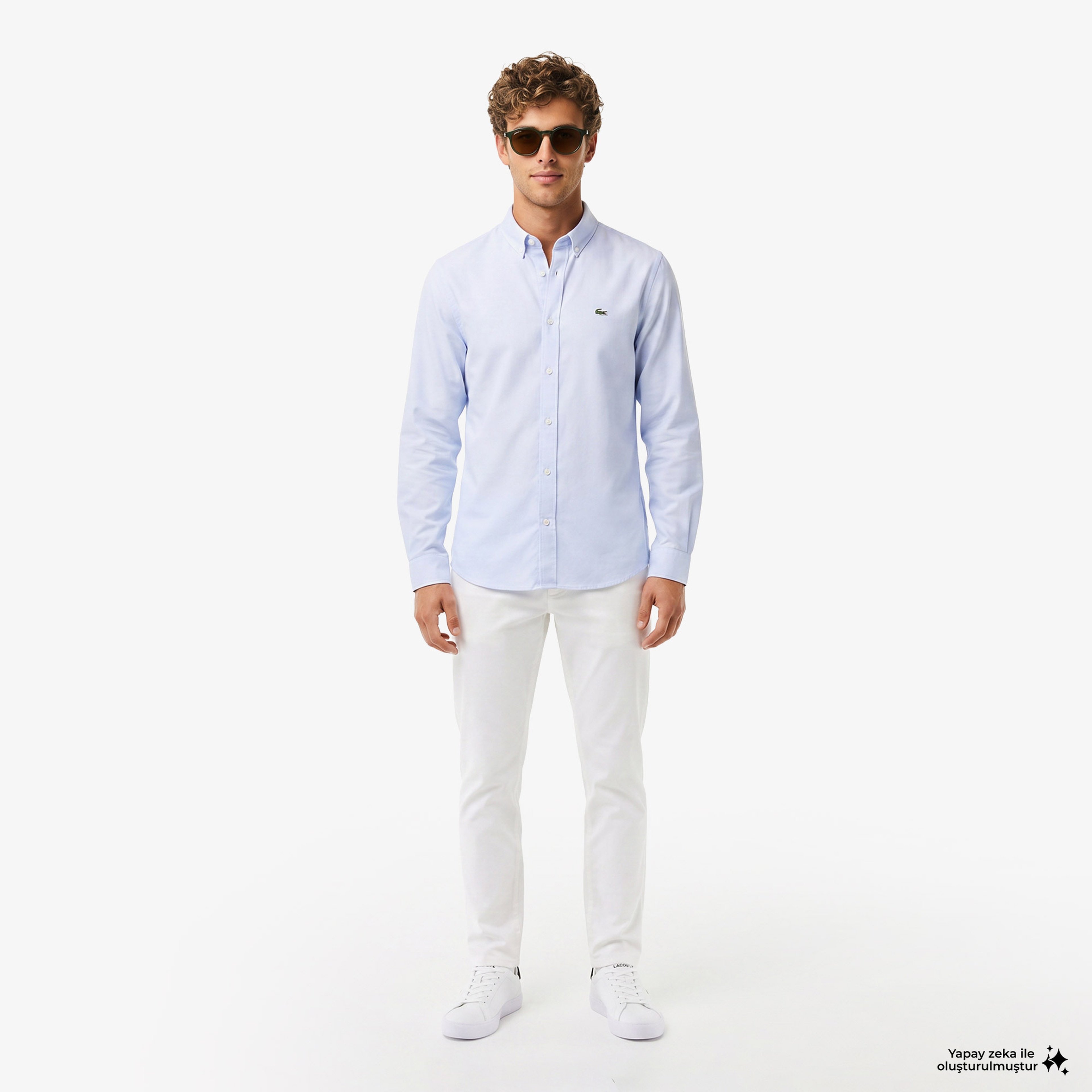 Erkek Slim Fit Düğmeli Yaka Mavi Gömlek