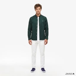Erkek Slim Fit Düğmeli Yaka Koyu Yeşil Gömlek Yeşil