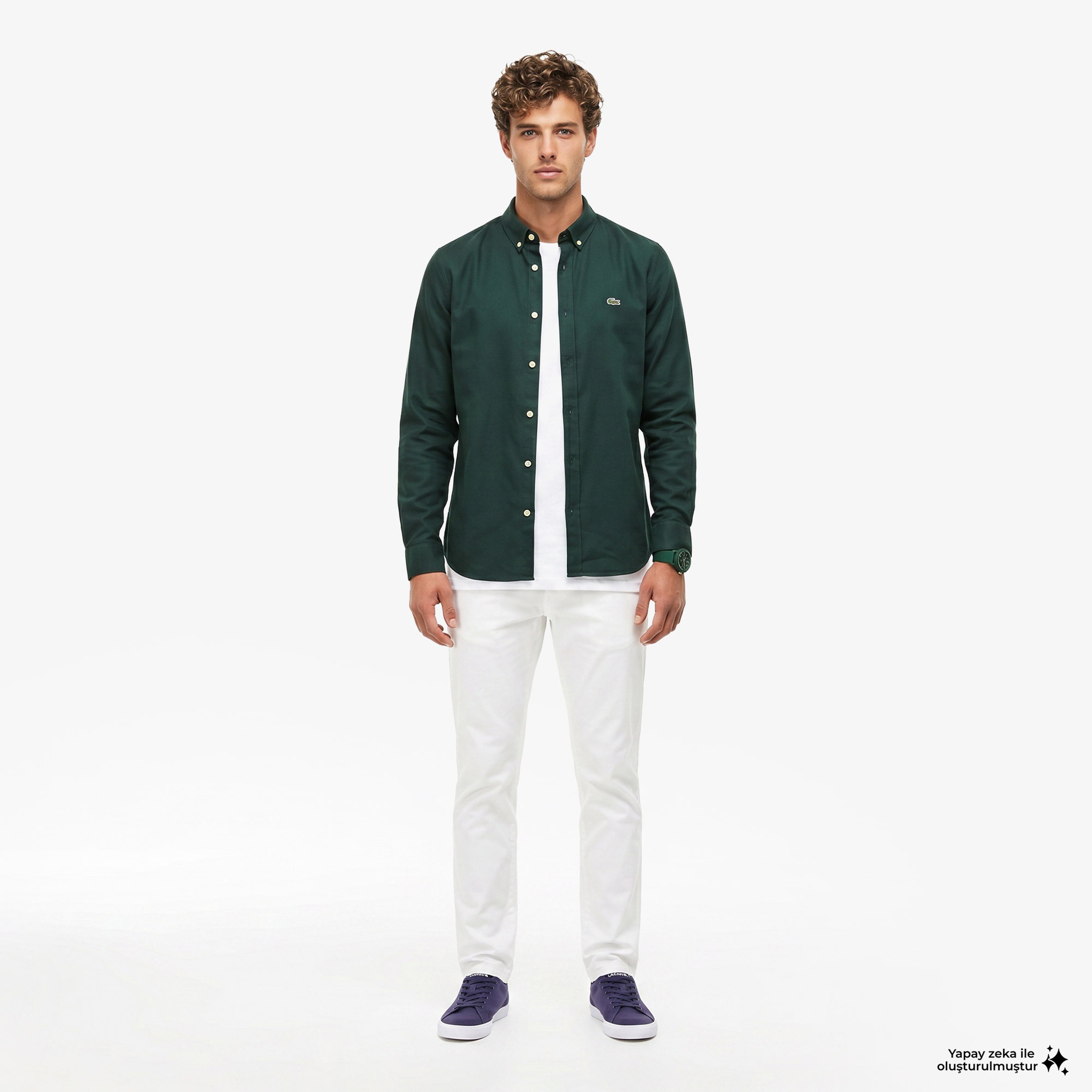 Erkek Slim Fit Düğmeli Yaka Koyu Yeşil Gömlek