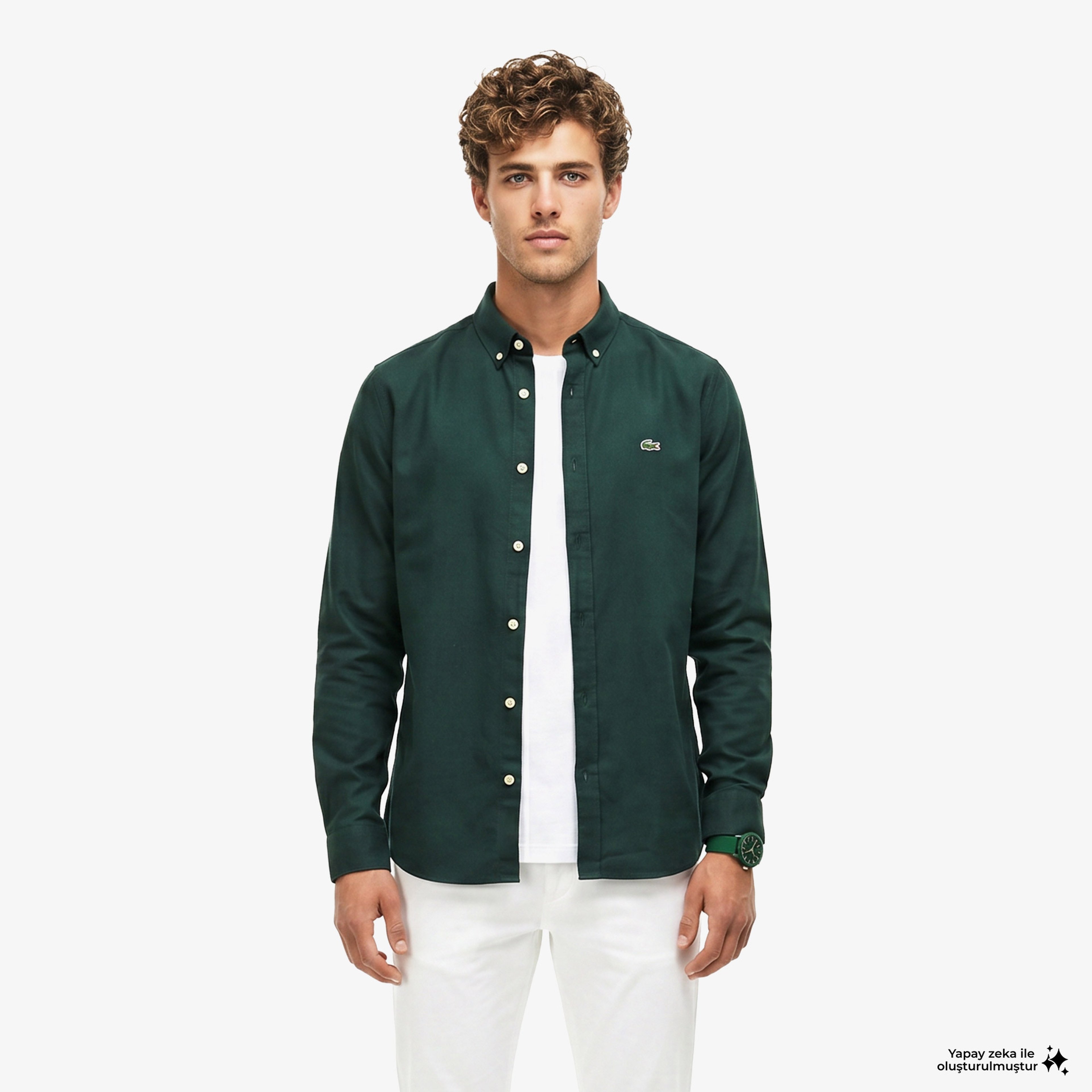 Erkek Slim Fit Düğmeli Yaka Koyu Yeşil Gömlek