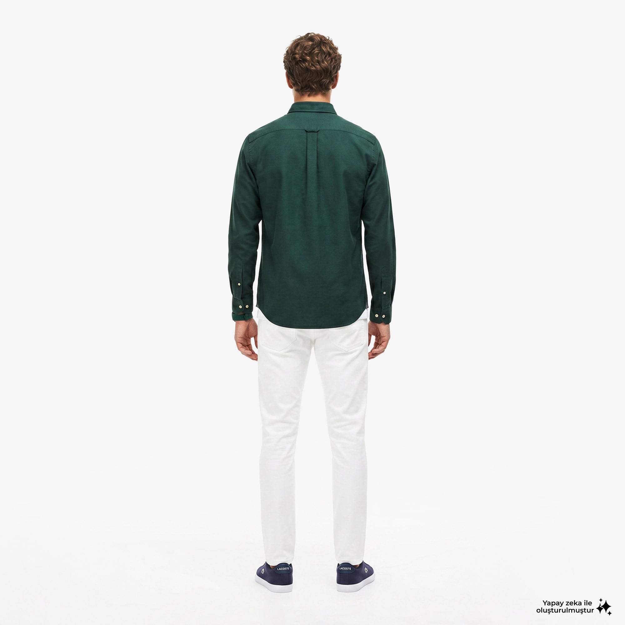 Erkek Slim Fit Düğmeli Yaka Koyu Yeşil Gömlek