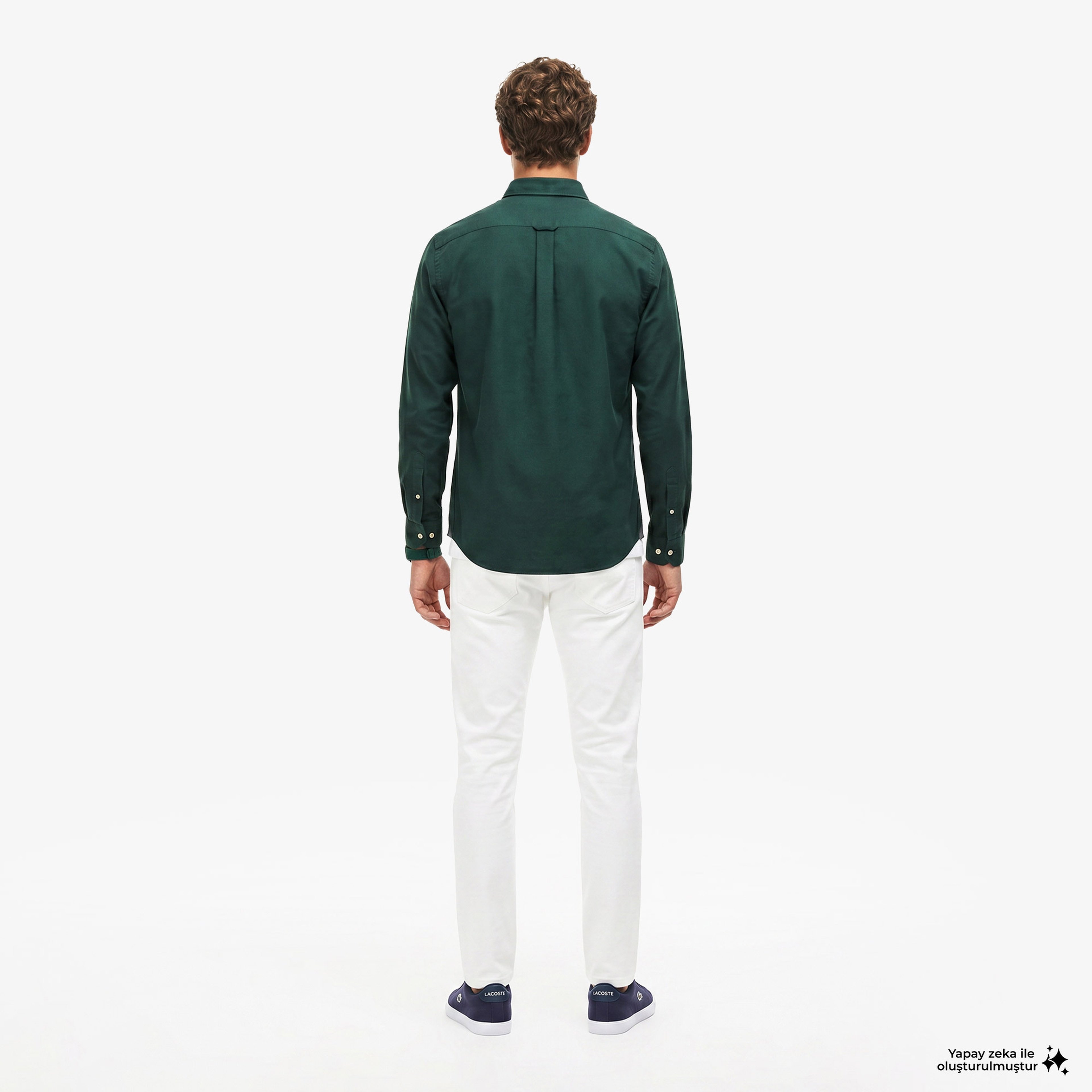 Erkek Slim Fit Düğmeli Yaka Koyu Yeşil Gömlek