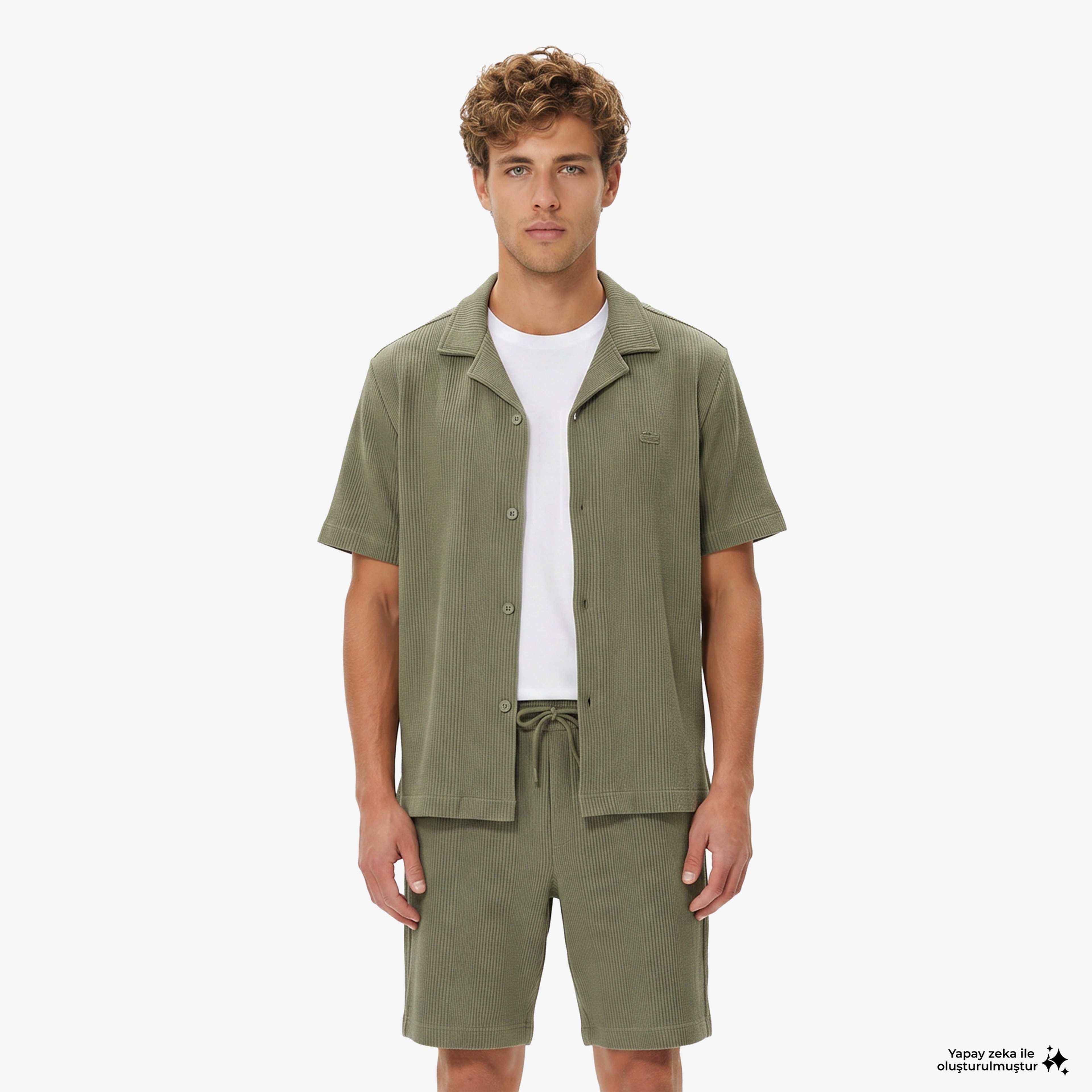 Erkek Relaxed Fit Kısa Kollu Çizgili Haki Gömlek Erkek Relaxed Fit Kısa Kollu Çizgili Haki Gömlek