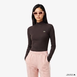 Kadın Slim Fit Uzun Kollu Boğazlı Yaka Çizgili Kahverengi T-Shirt Kahverengi