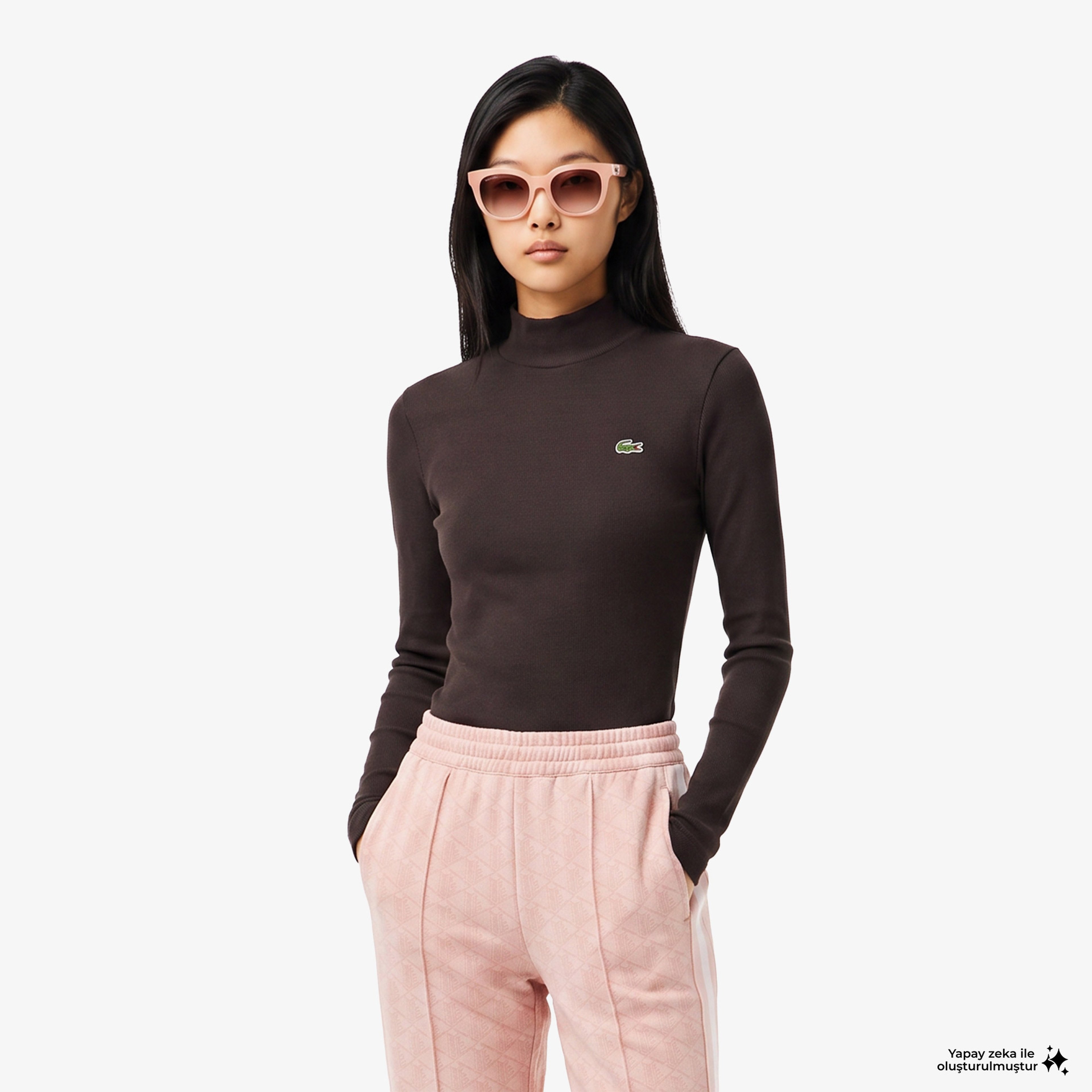 Kadın Slim Fit Uzun Kollu Boğazlı Yaka Çizgili Kahverengi T-Shirt Kadın Slim Fit Uzun Kollu Boğazlı Yaka Çizgili Kahverengi T-Shirt