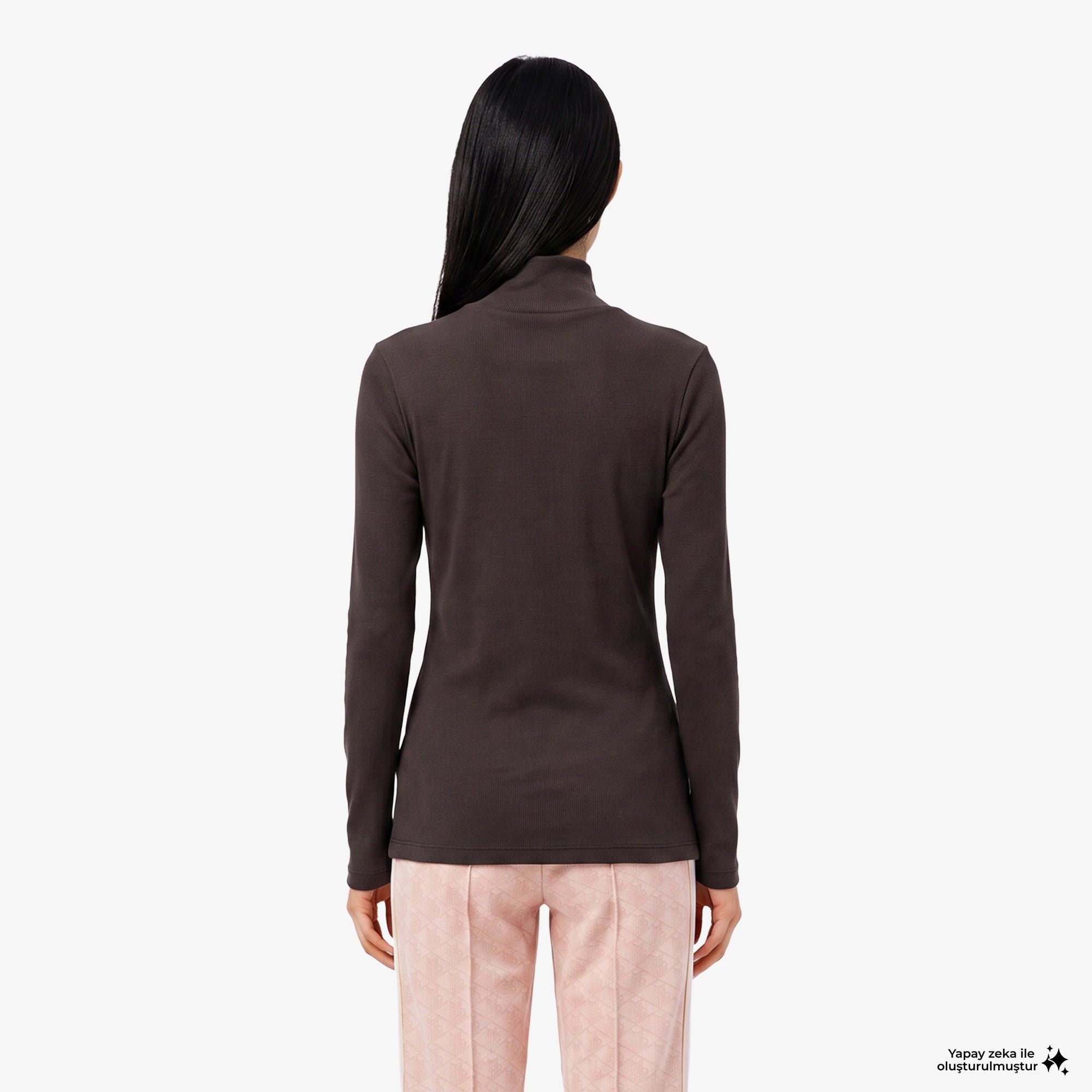 Kadın Slim Fit Uzun Kollu Boğazlı Yaka Çizgili Kahverengi T-Shirt