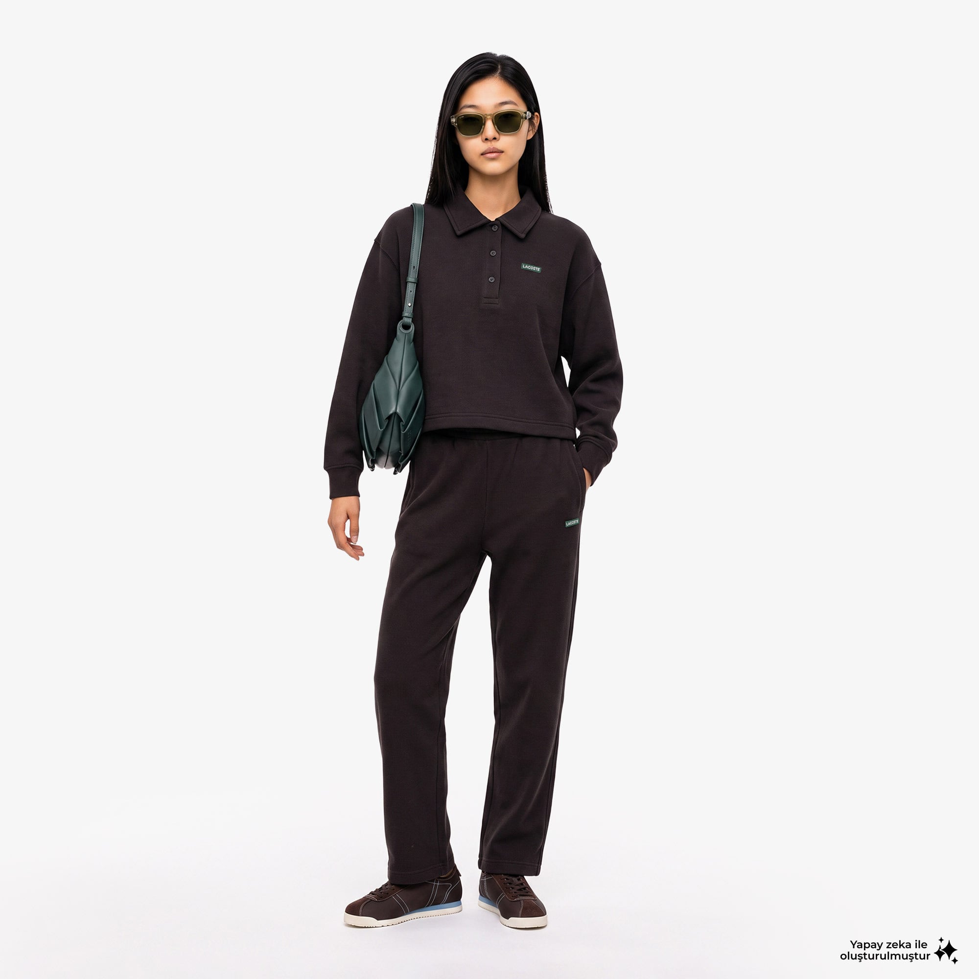 Kadın Oversize Fit Polo Yaka Kahverengi Sweatshirt