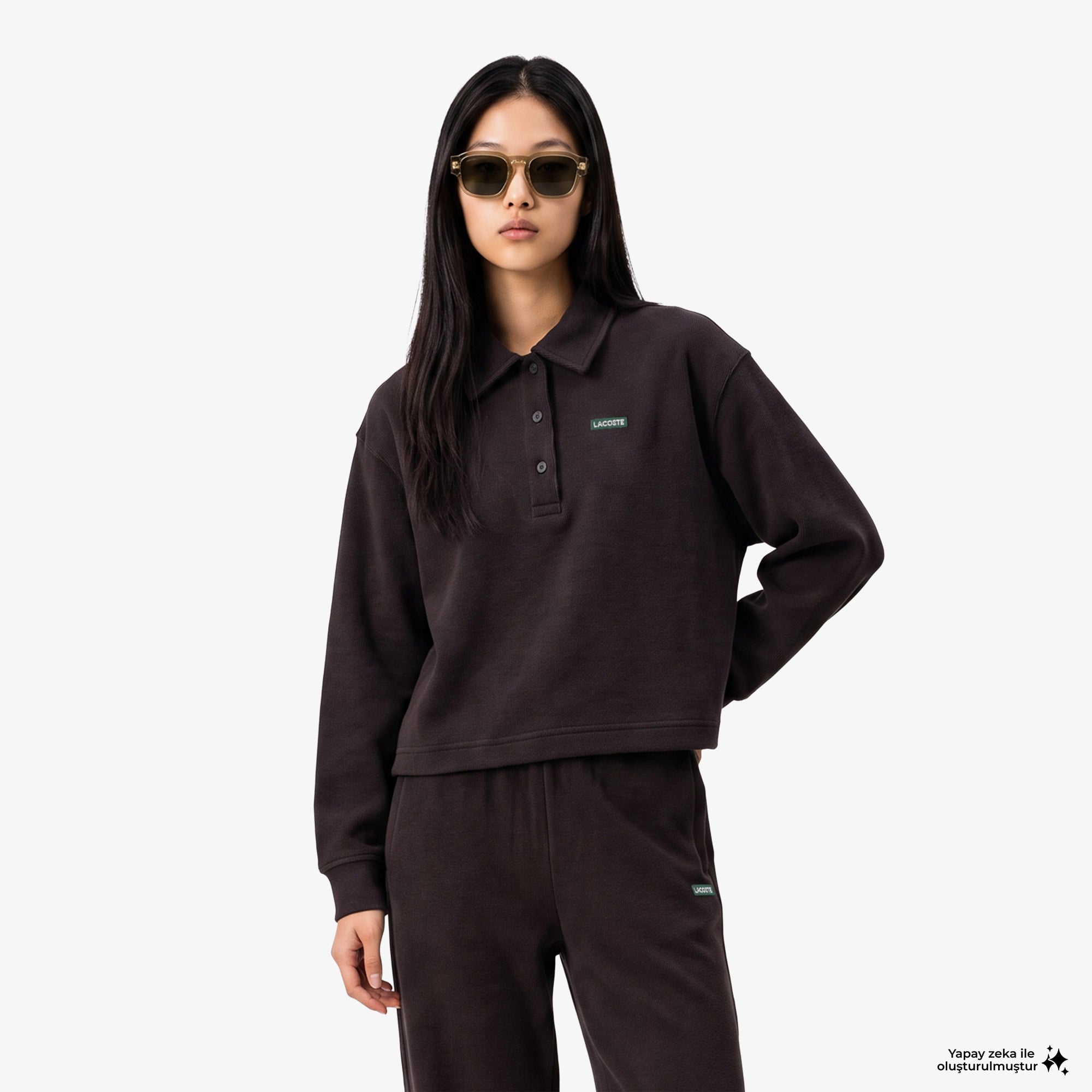 Kadın Oversize Fit Polo Yaka Kahverengi Sweatshirt