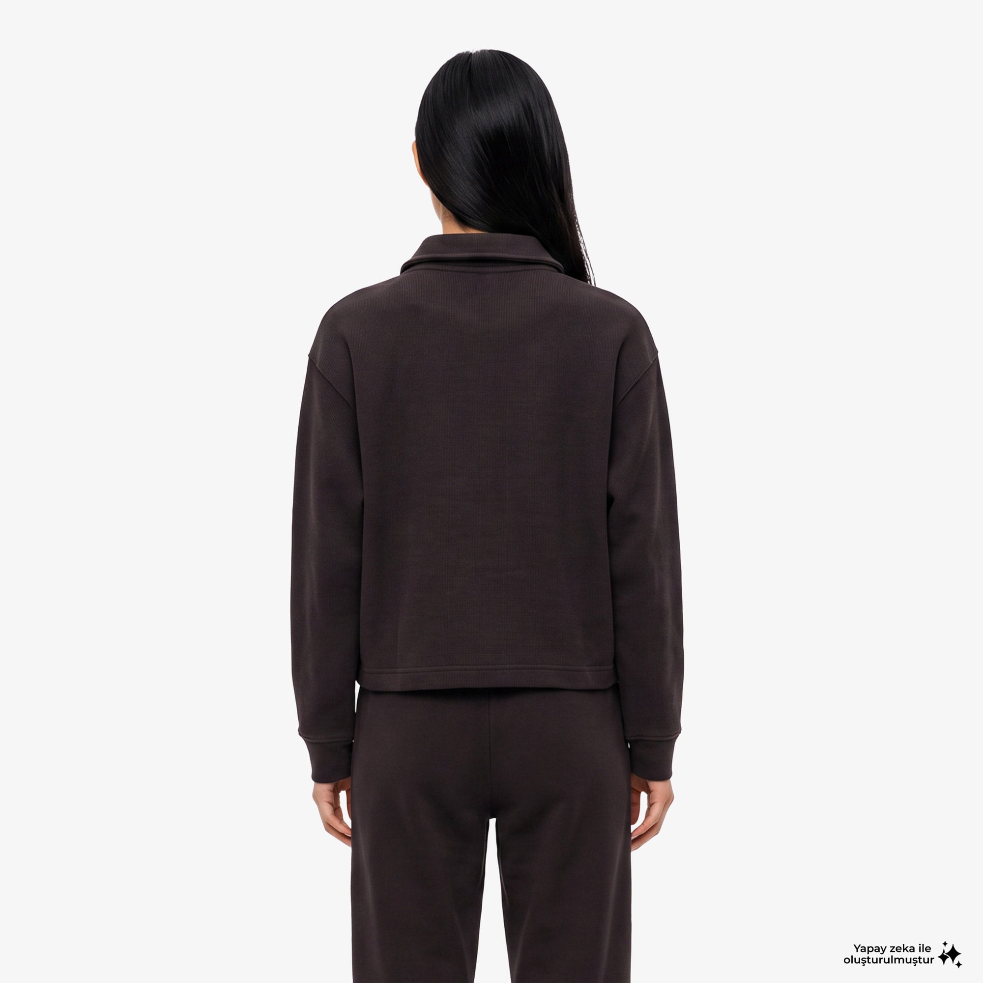Kadın Oversize Fit Polo Yaka Kahverengi Sweatshirt