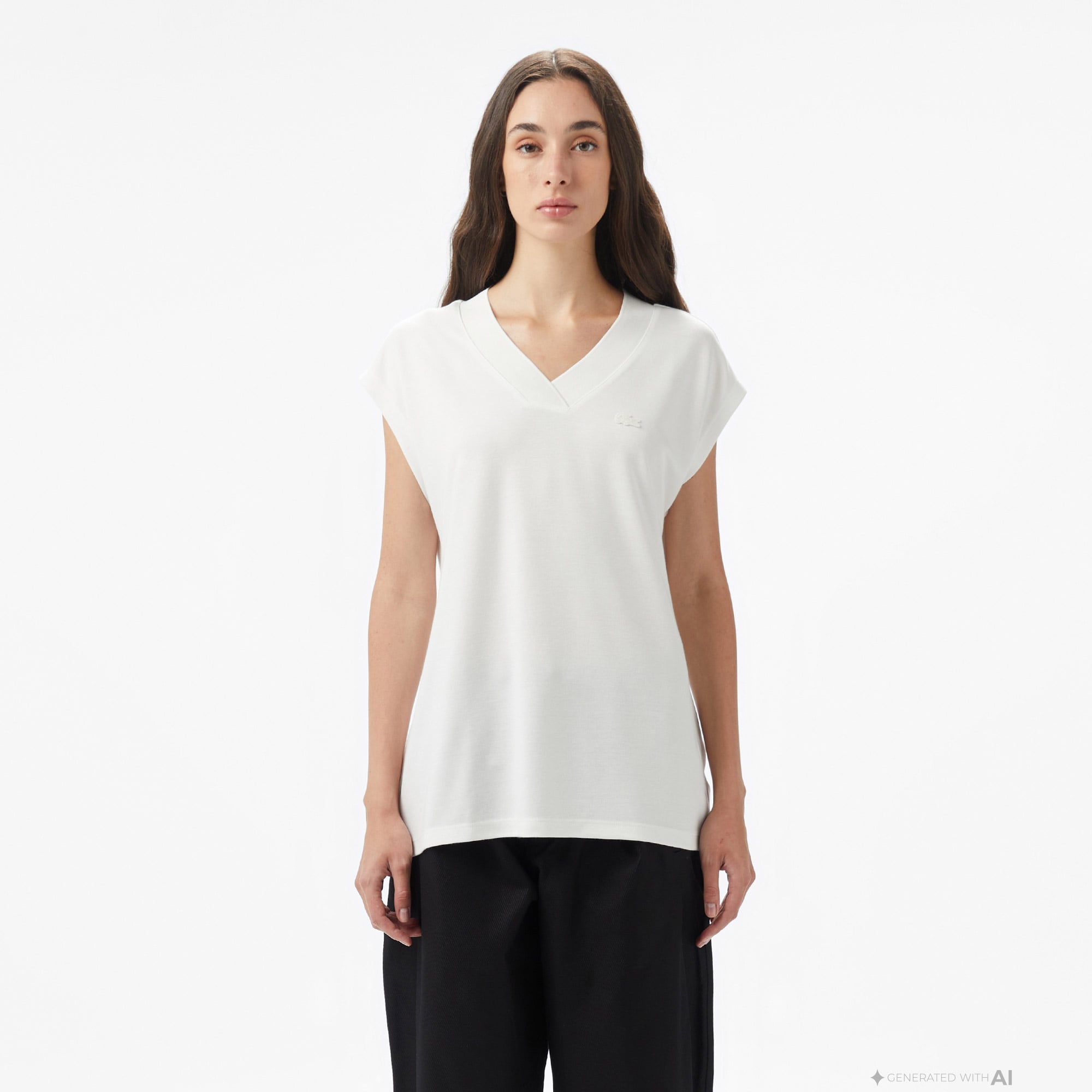 Lacoste Kadın Slim Fit Kolsuz V Yaka Krem Bluz