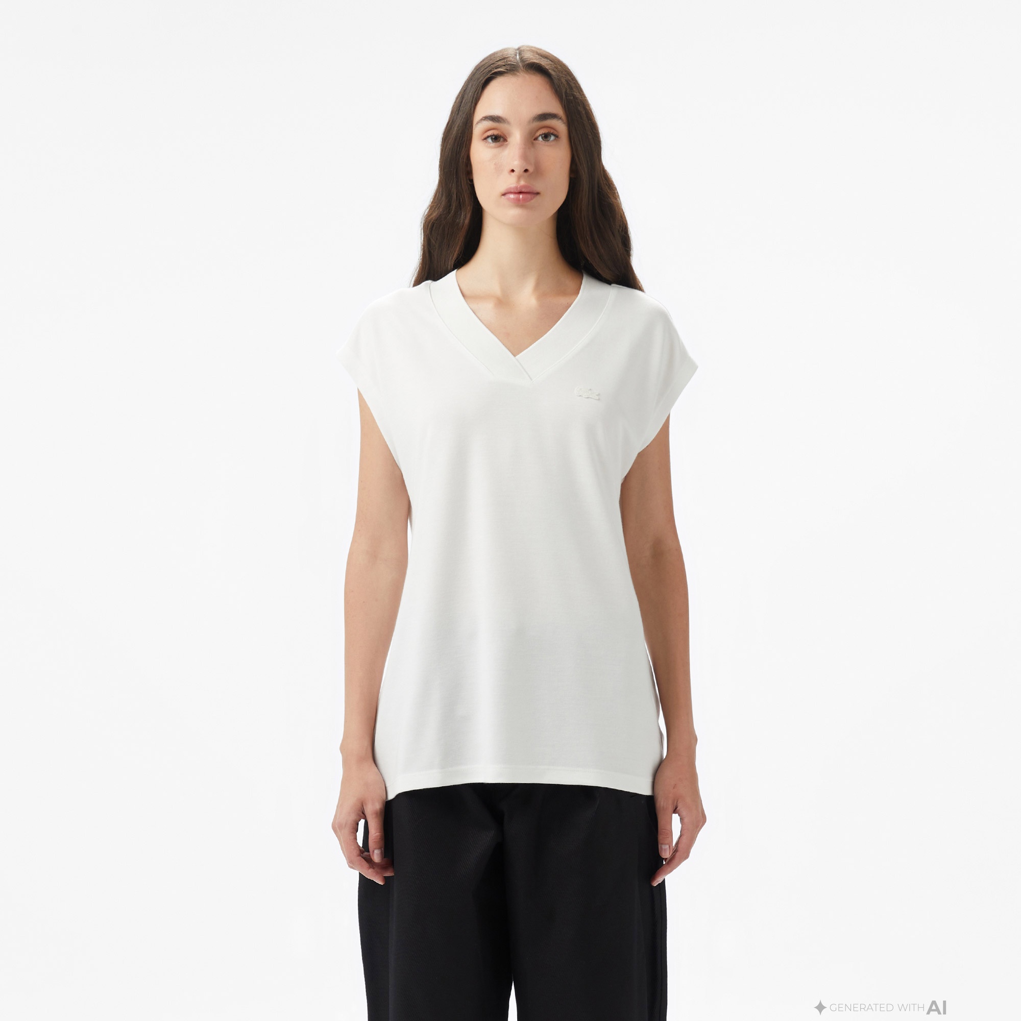 Kadın Slim Fit Kolsuz V Yaka Krem Bluz