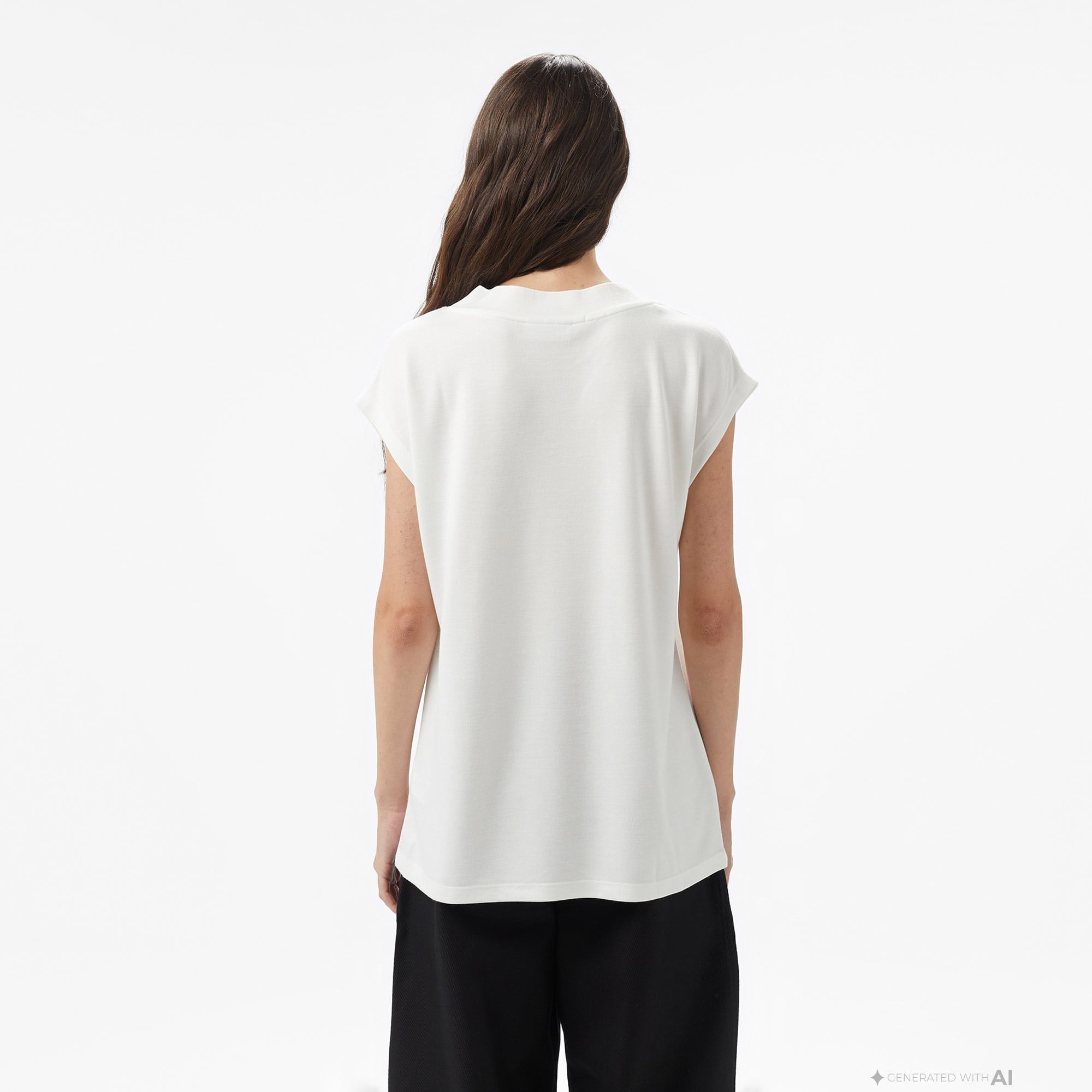 Kadın Slim Fit Kolsuz V Yaka Krem Bluz