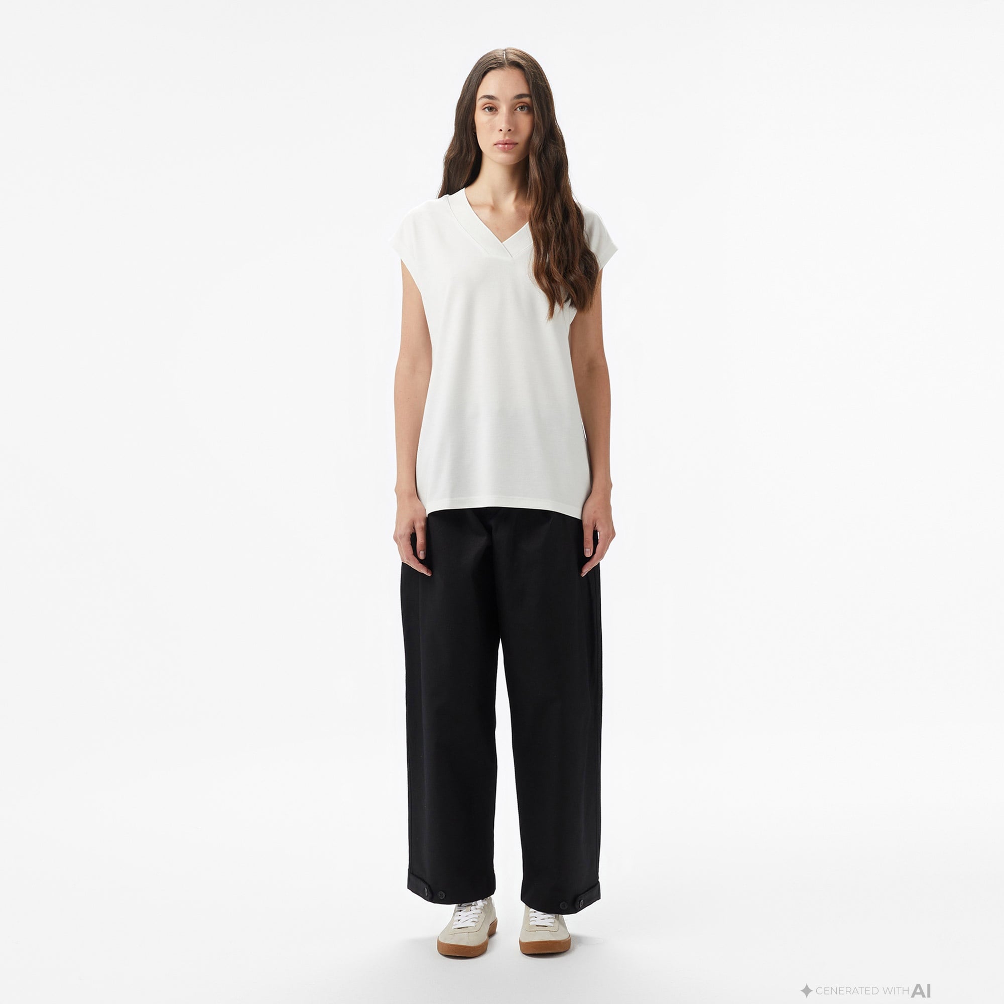 Kadın Slim Fit Kolsuz V Yaka Krem Bluz