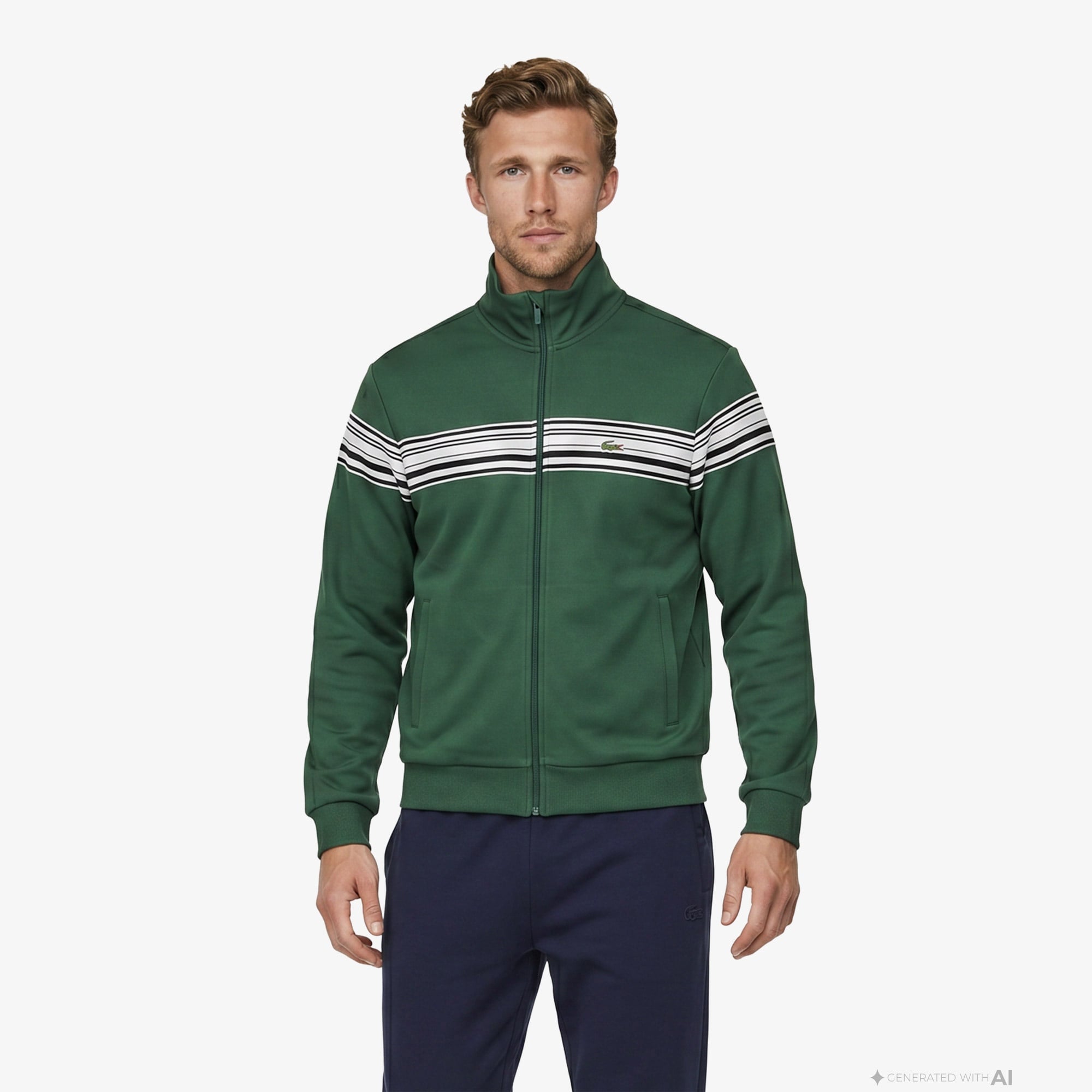 Erkek Regular Fit Fermuarlı Renk Bloklu Yeşil Sweatshirt