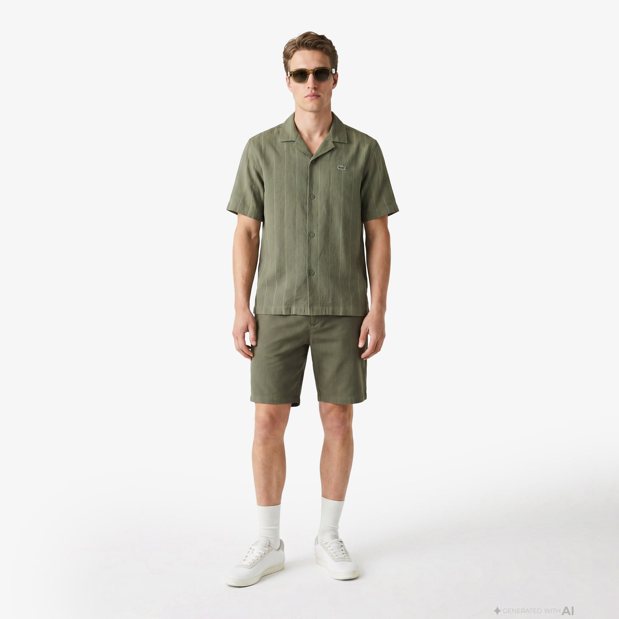 Erkek Tapered Fit Keten Haki Bermuda Şort