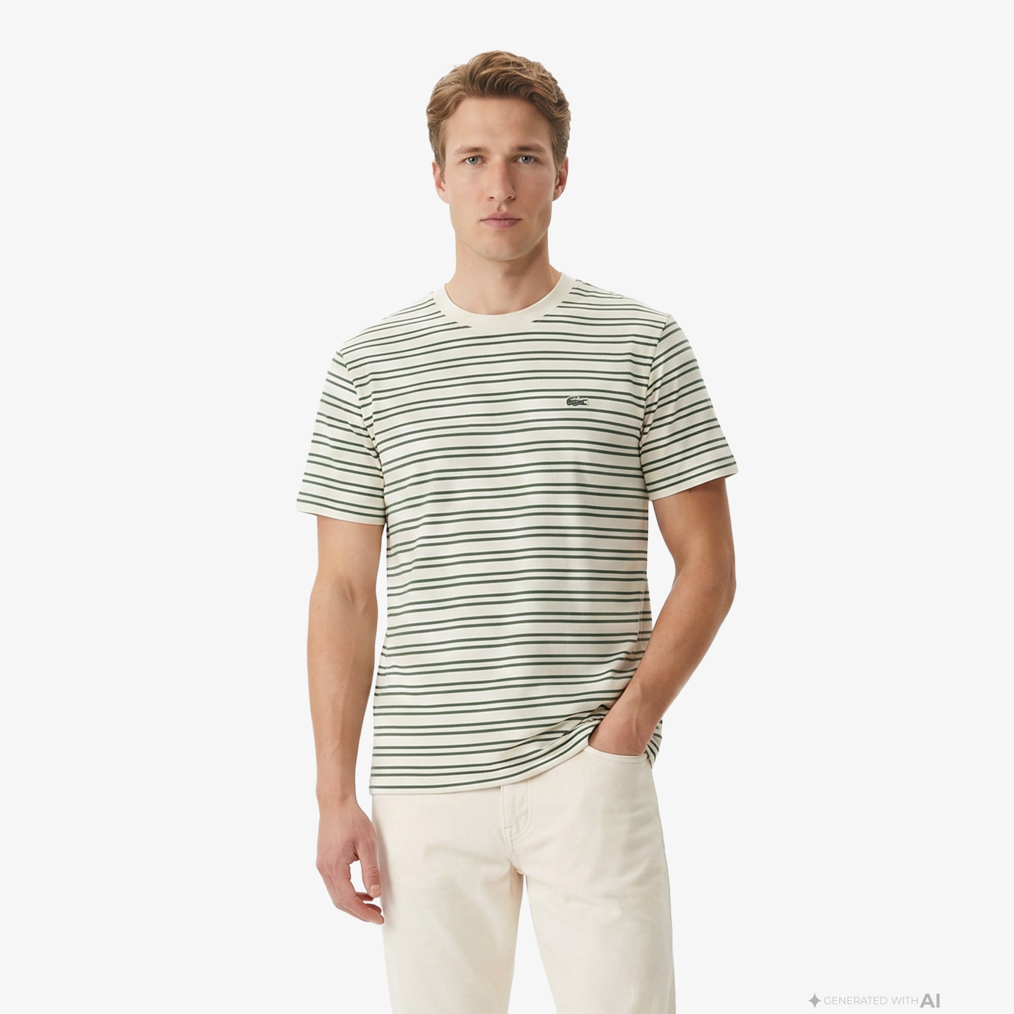 Lacoste Erkek Classic Fit Bisiklet Yaka Çizgili Yeşil T-Shirt