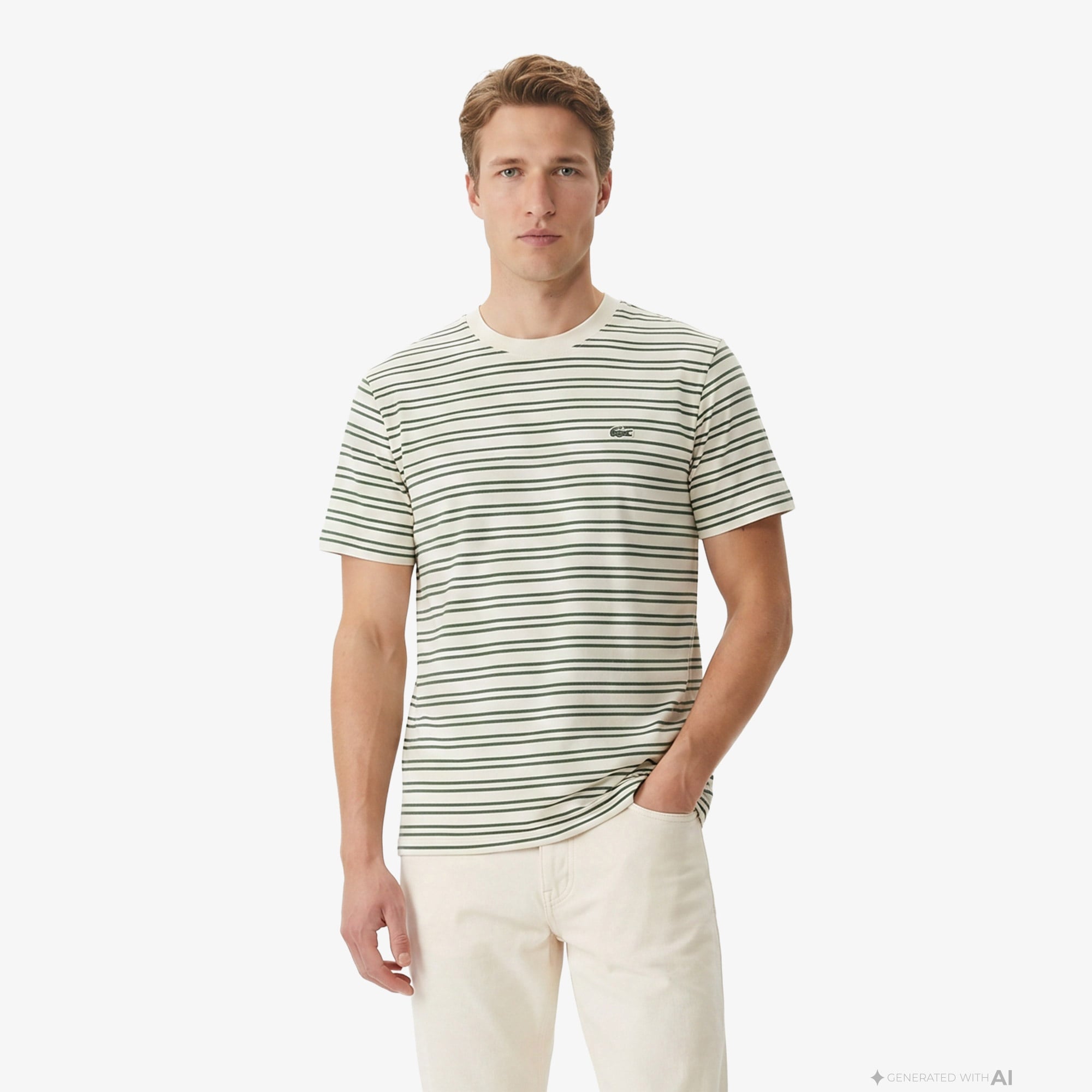 Erkek Classic Fit Bisiklet Yaka Çizgili Yeşil T-Shirt