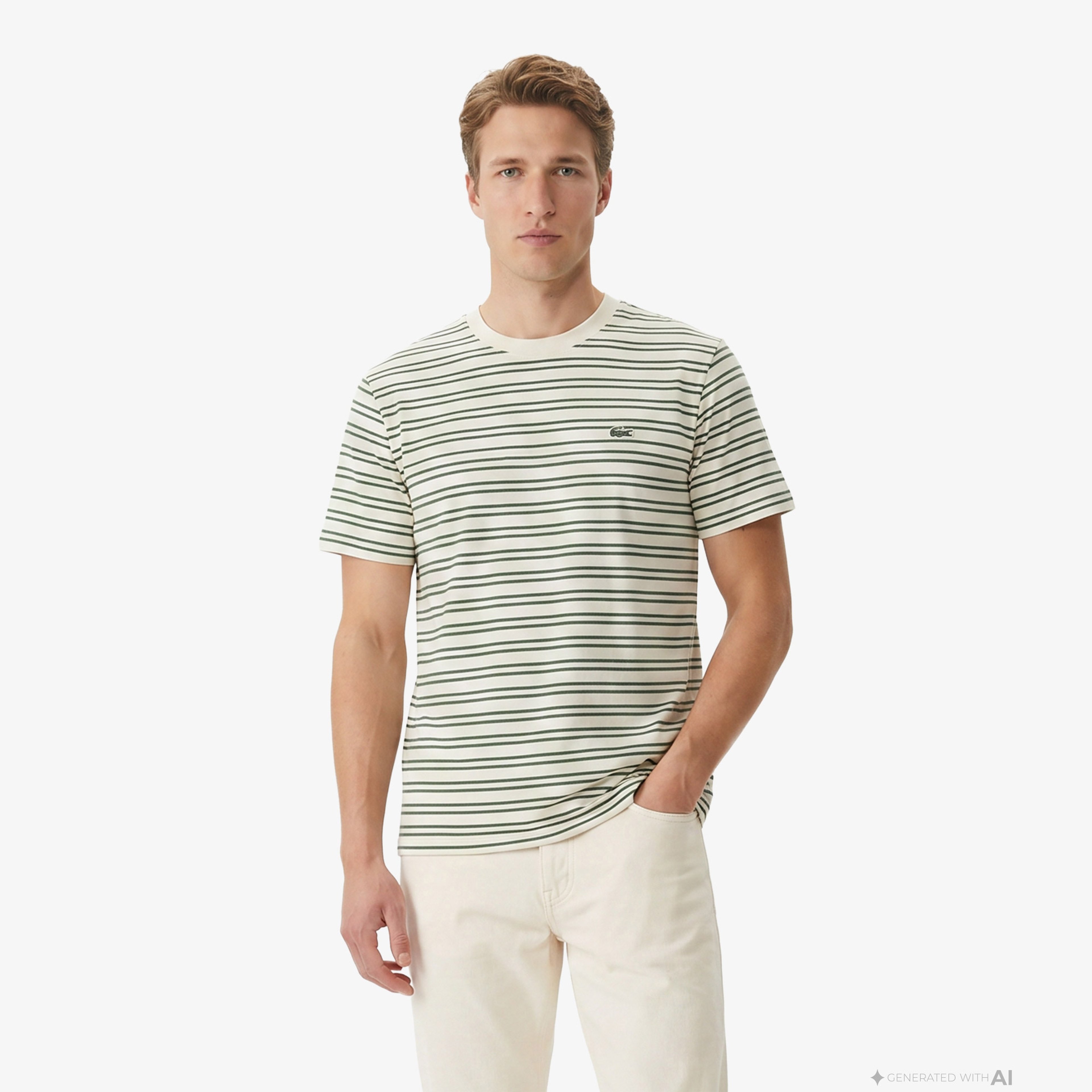Erkek Classic Fit Bisiklet Yaka Çizgili Yeşil T-Shirt