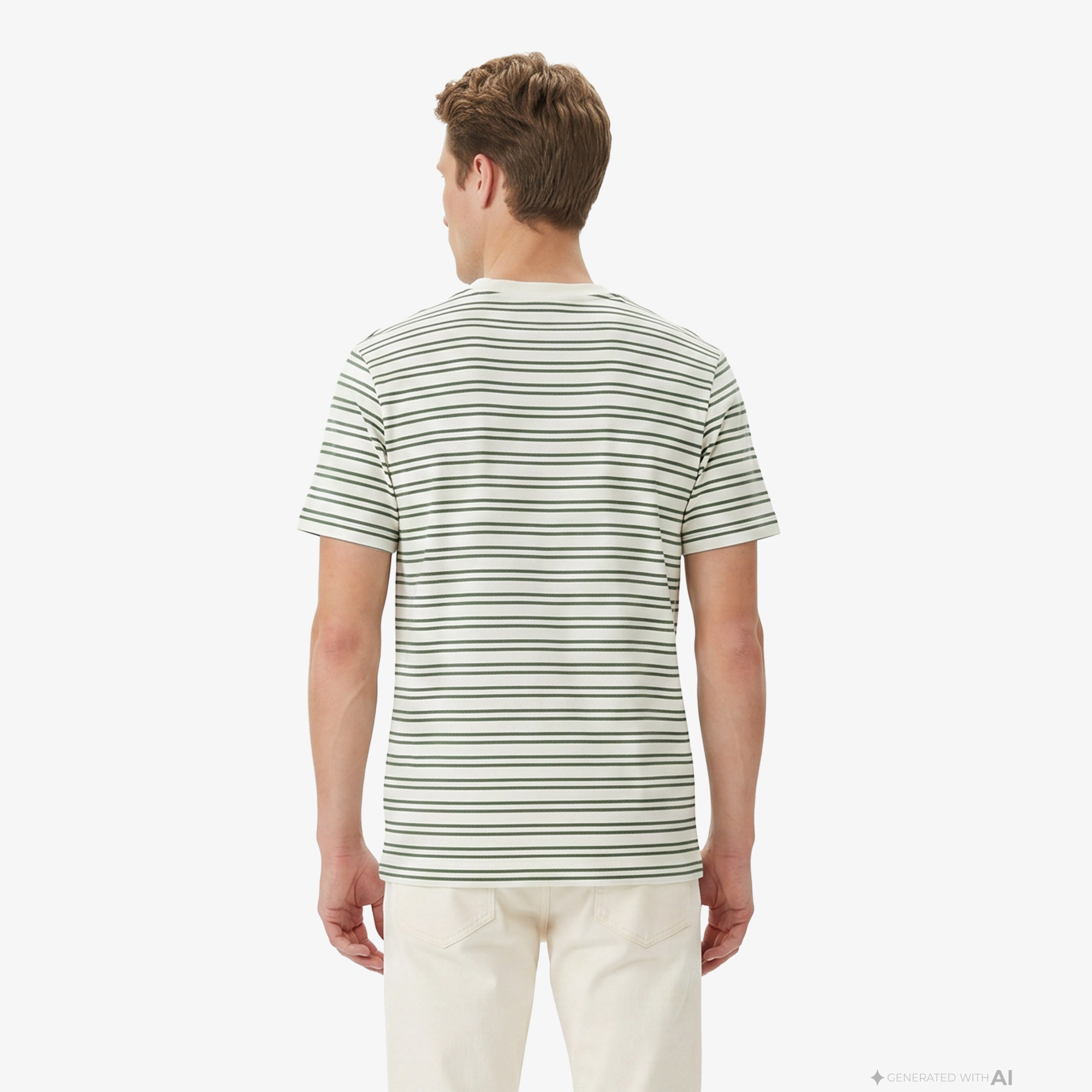 Erkek Classic Fit Bisiklet Yaka Çizgili Yeşil T-Shirt