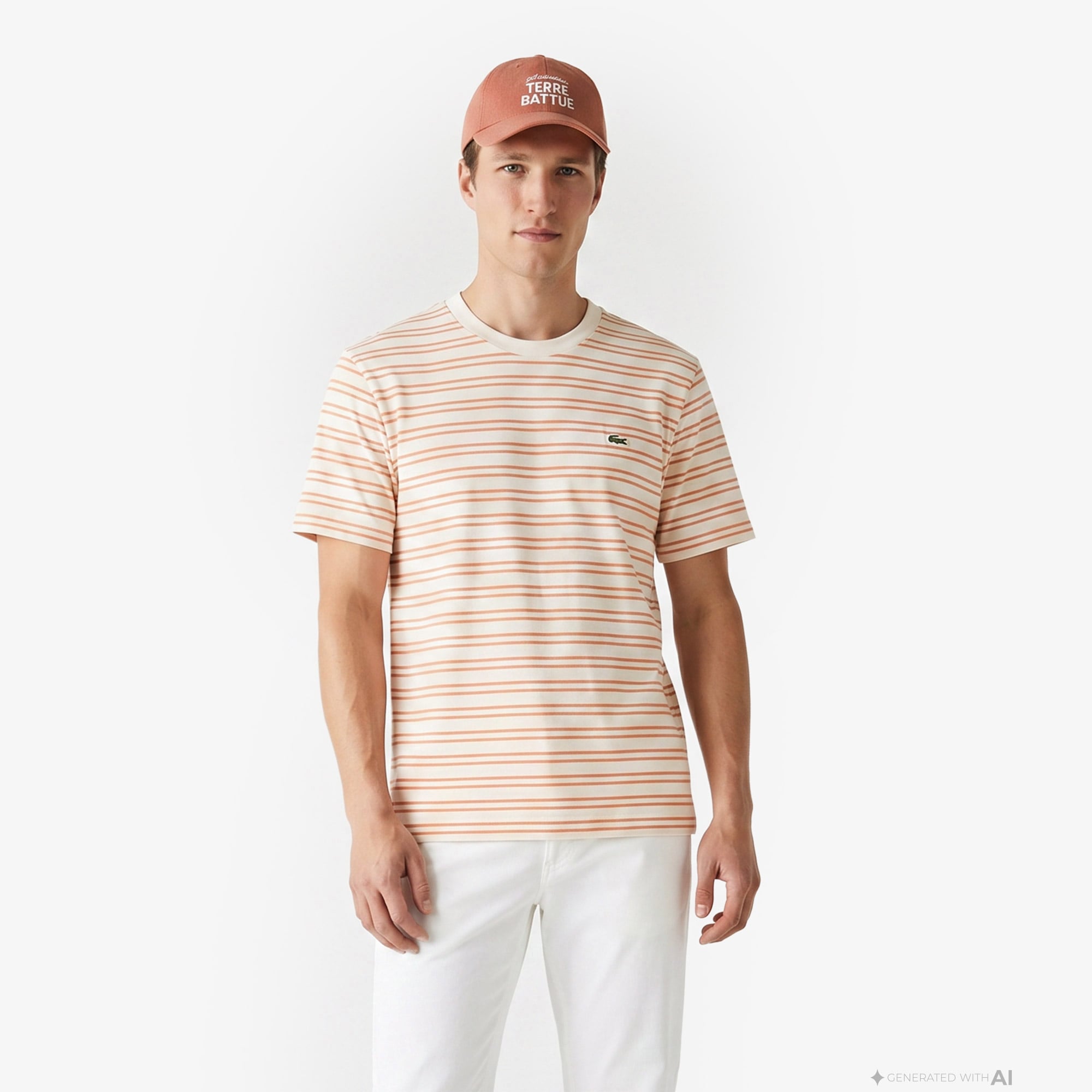 Lacoste Erkek Classic Fit Bisiklet Yaka Çizgili Turuncu T-Shirt