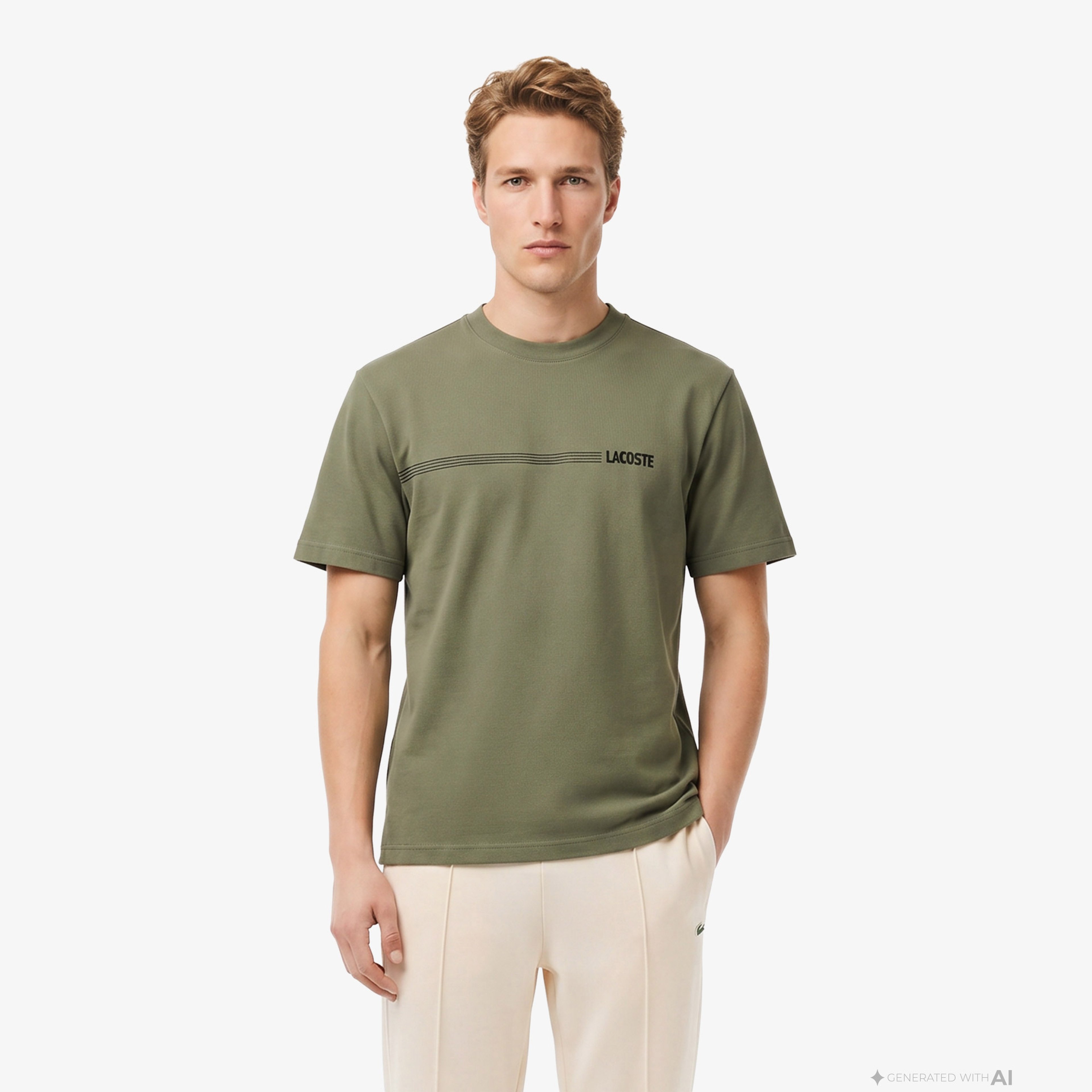 Erkek Relaxed Fit Bisiklet Yaka Baskılı Haki T-Shirt