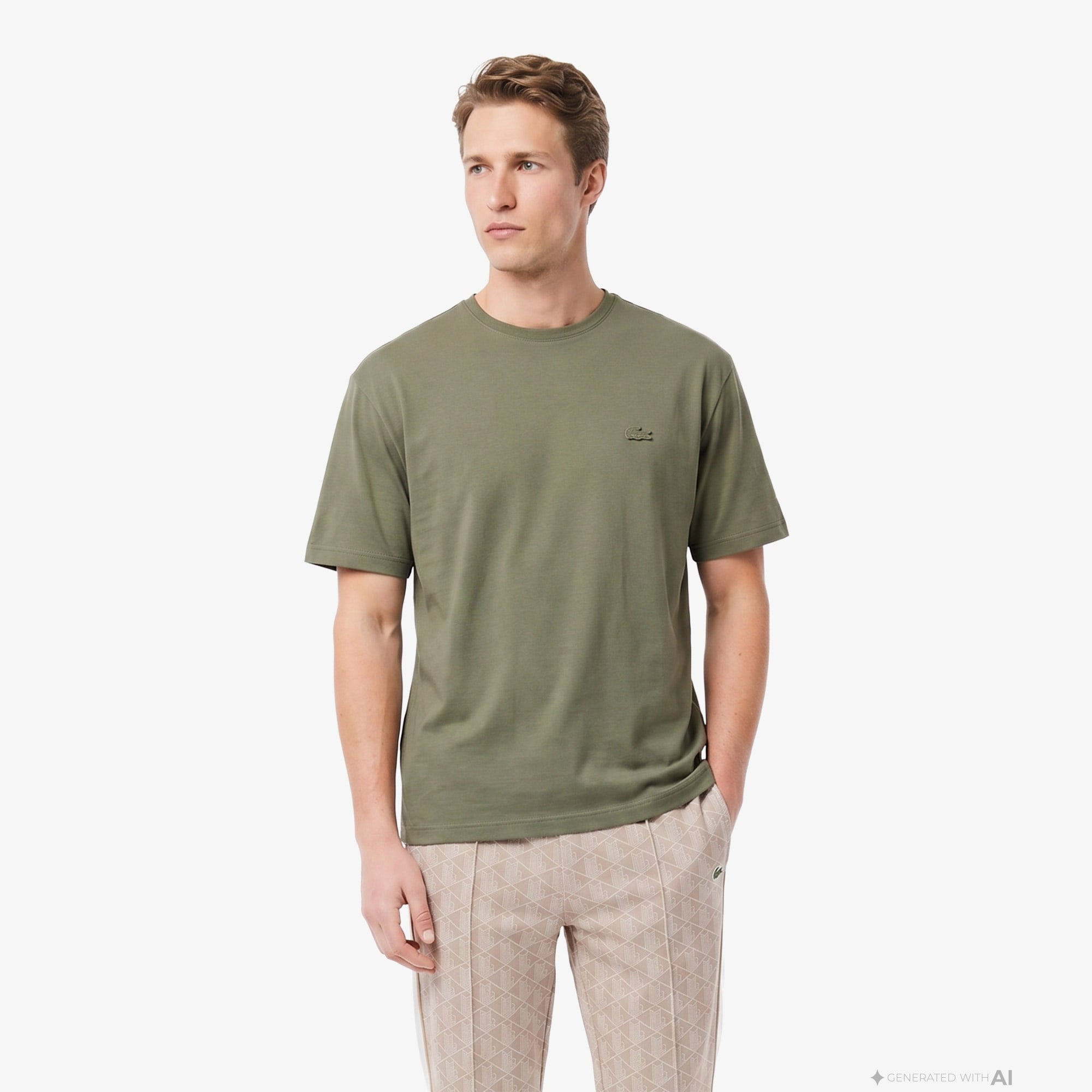 Erkek Relaxed Fit Bisiklet Yaka Haki T-Shirt