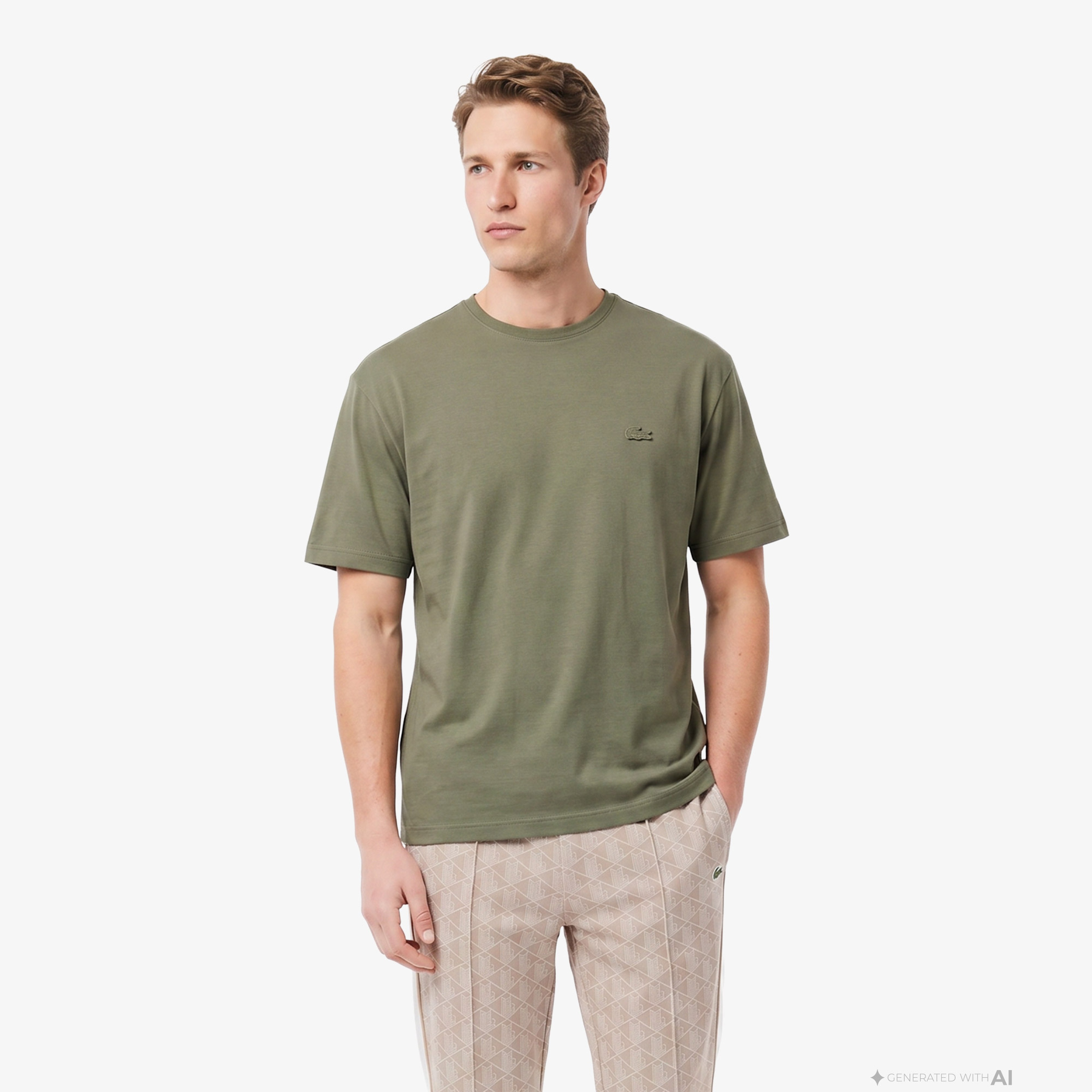 Erkek Relaxed Fit Bisiklet Yaka Haki T-Shirt