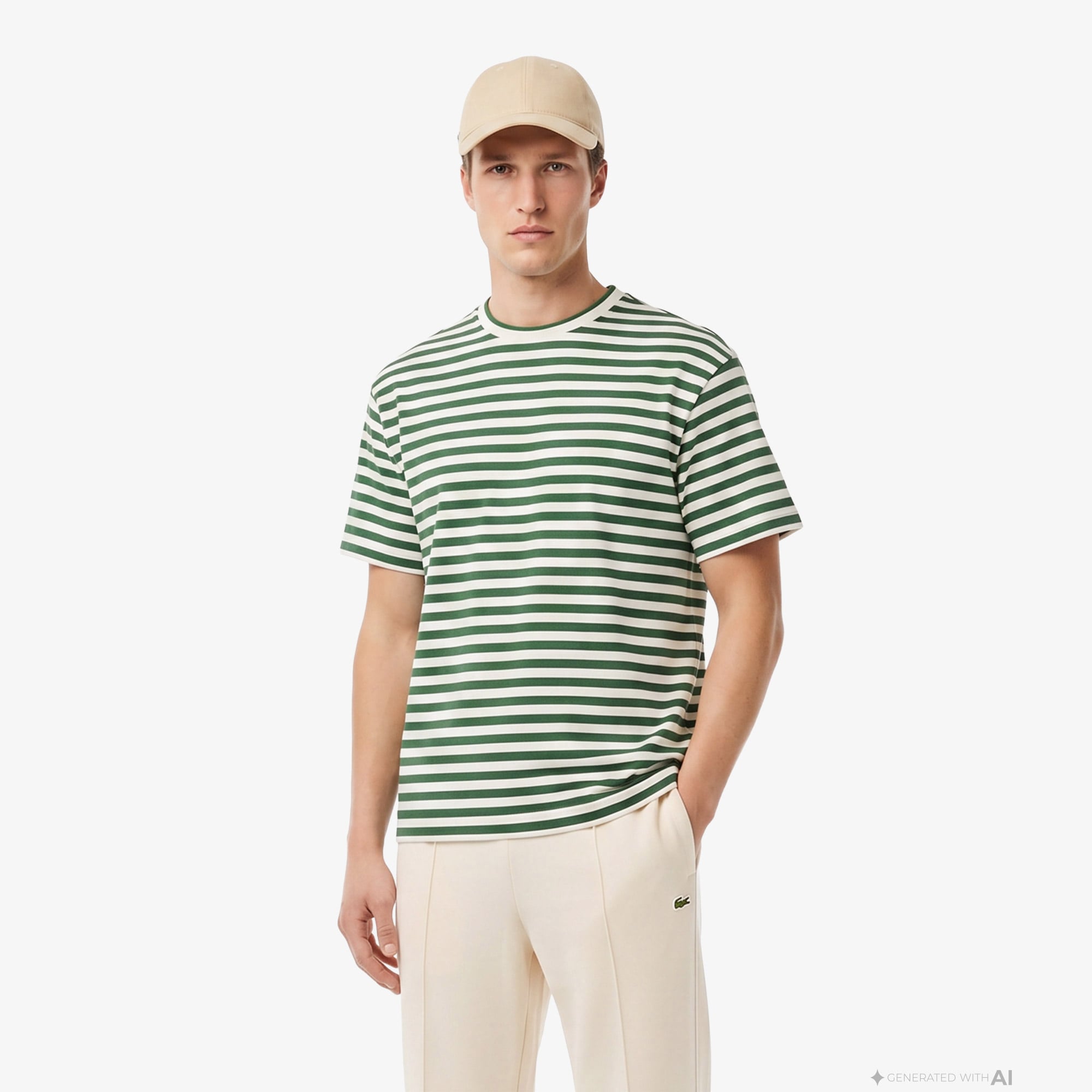 Lacoste Erkek Relaxed Fit Bisiklet Yaka Çizgili Yeşil T-Shirt