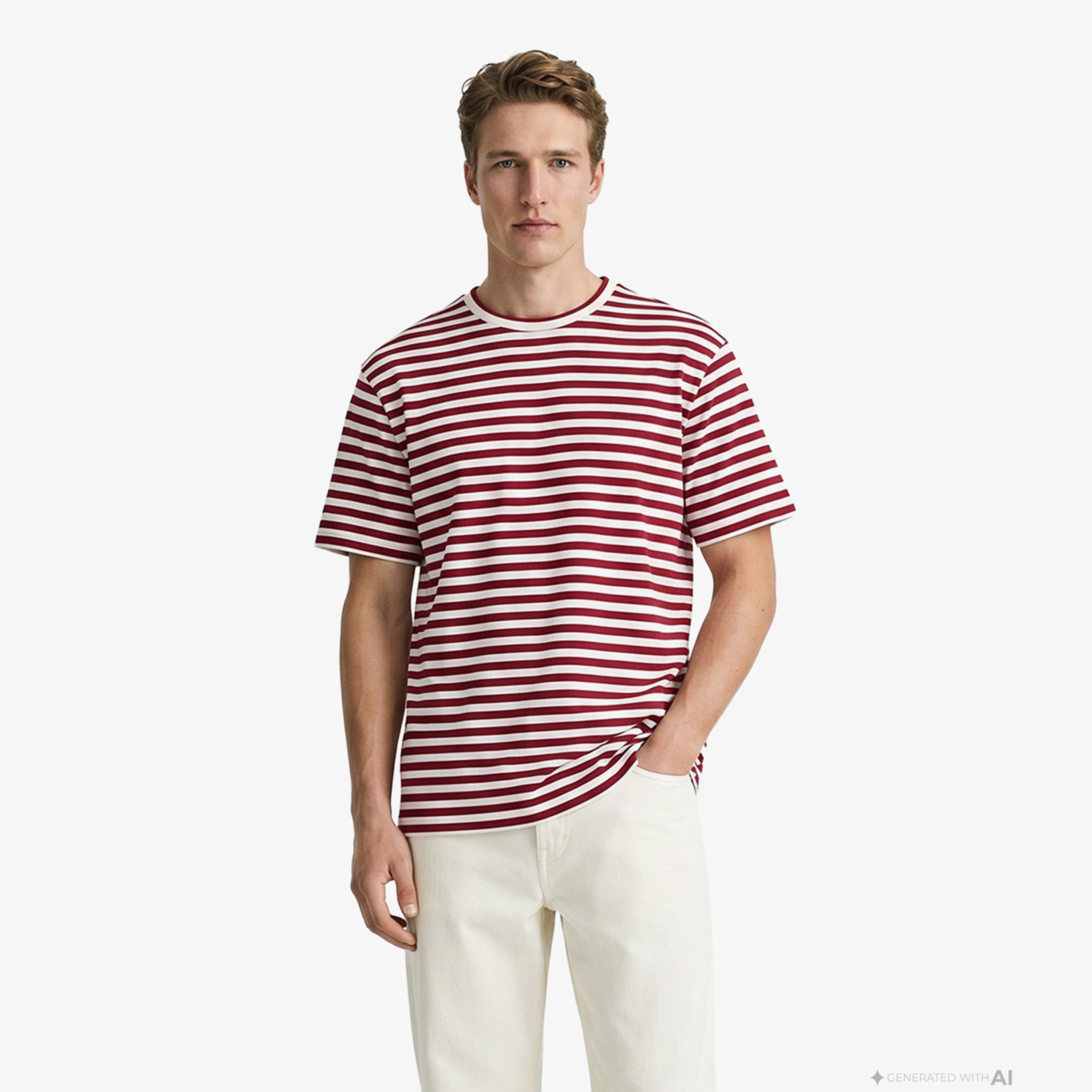 Erkek Relaxed Fit Bisiklet Yaka Çizgili Bordo T-Shirt Erkek Relaxed Fit Bisiklet Yaka Çizgili Bordo T-Shirt