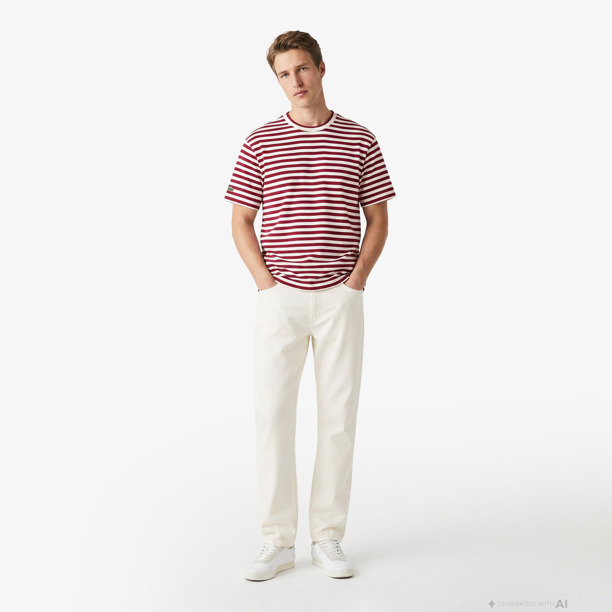 Lacoste Erkek Relaxed Fit Bisiklet Yaka Çizgili Bordo T-Shirt görsel 4