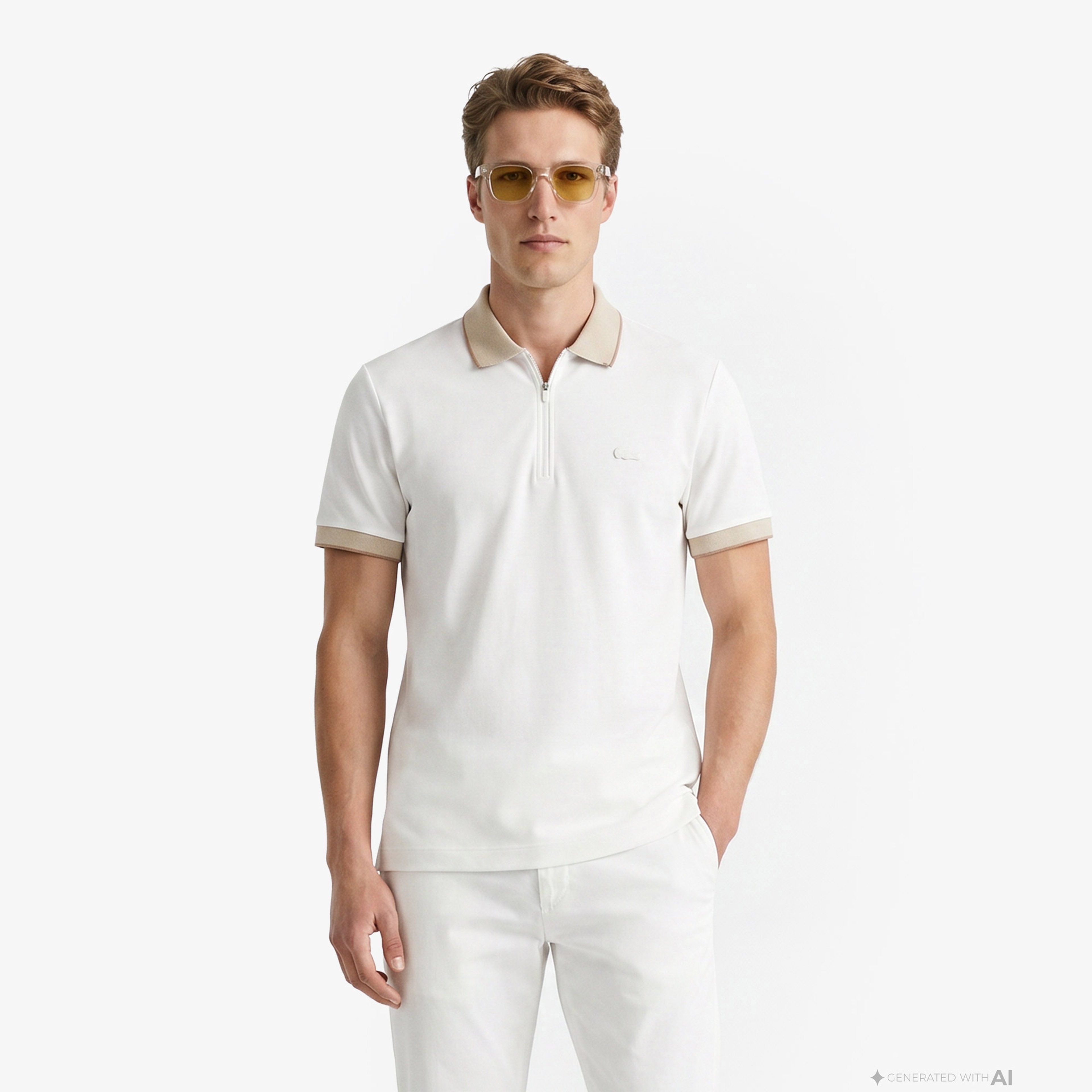 Erkek Regular Fit Renk Bloklu Krem Polo Erkek Regular Fit Renk Bloklu Krem Polo