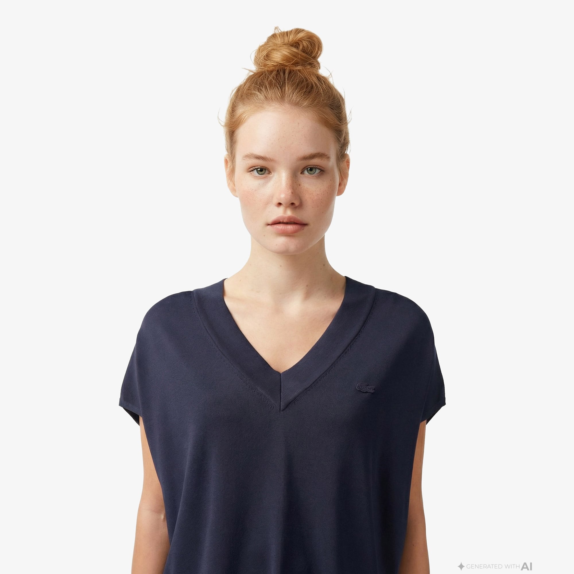Lacoste Kadın Relaxed Fit Kısa Kollu V Yaka Koyu Gri Triko görsel 2