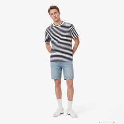 Erkek Relaxed Fit Bisiklet Yaka Çizgili Lacivert T-Shirt Lacivert