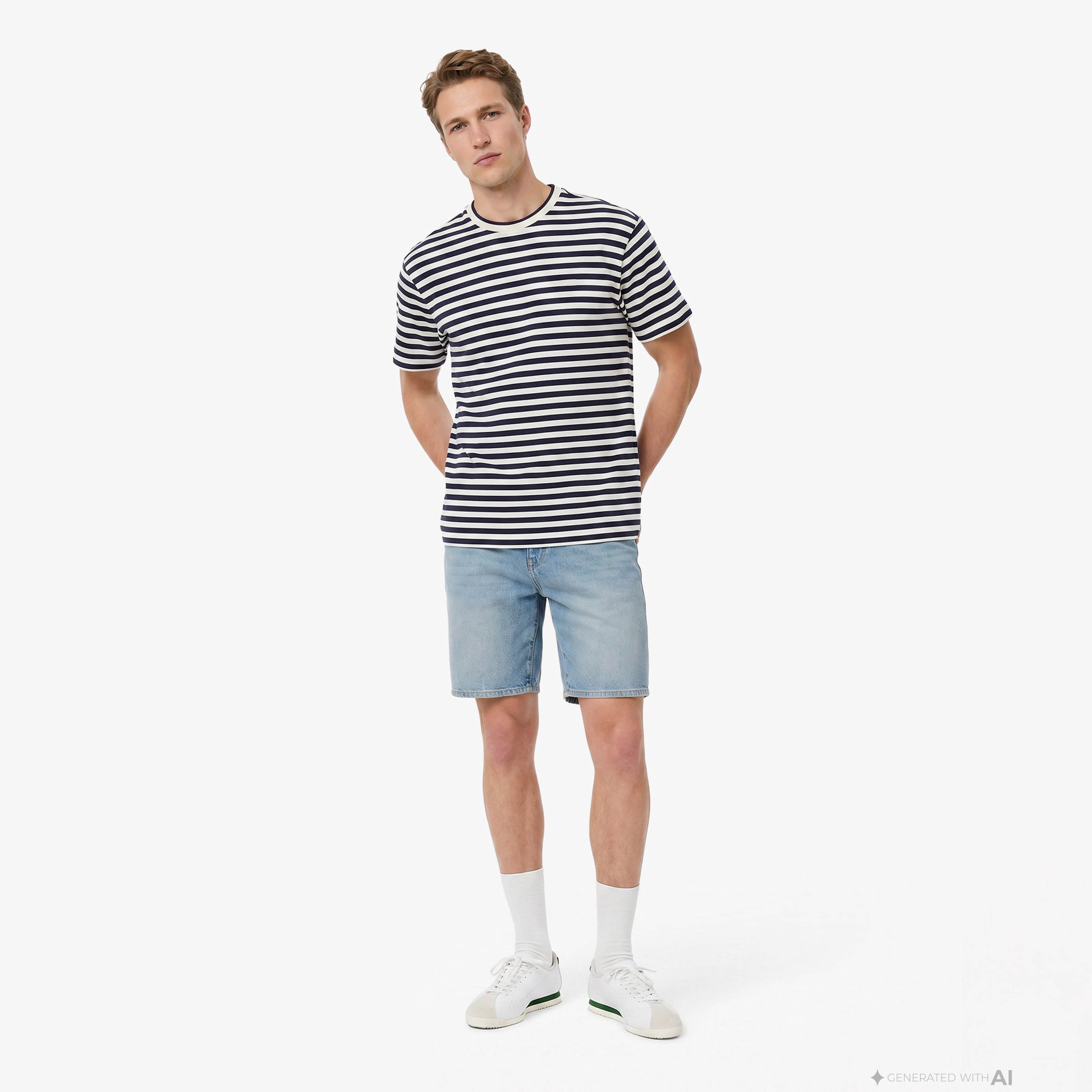Erkek Relaxed Fit Bisiklet Yaka Çizgili Lacivert T-Shirt