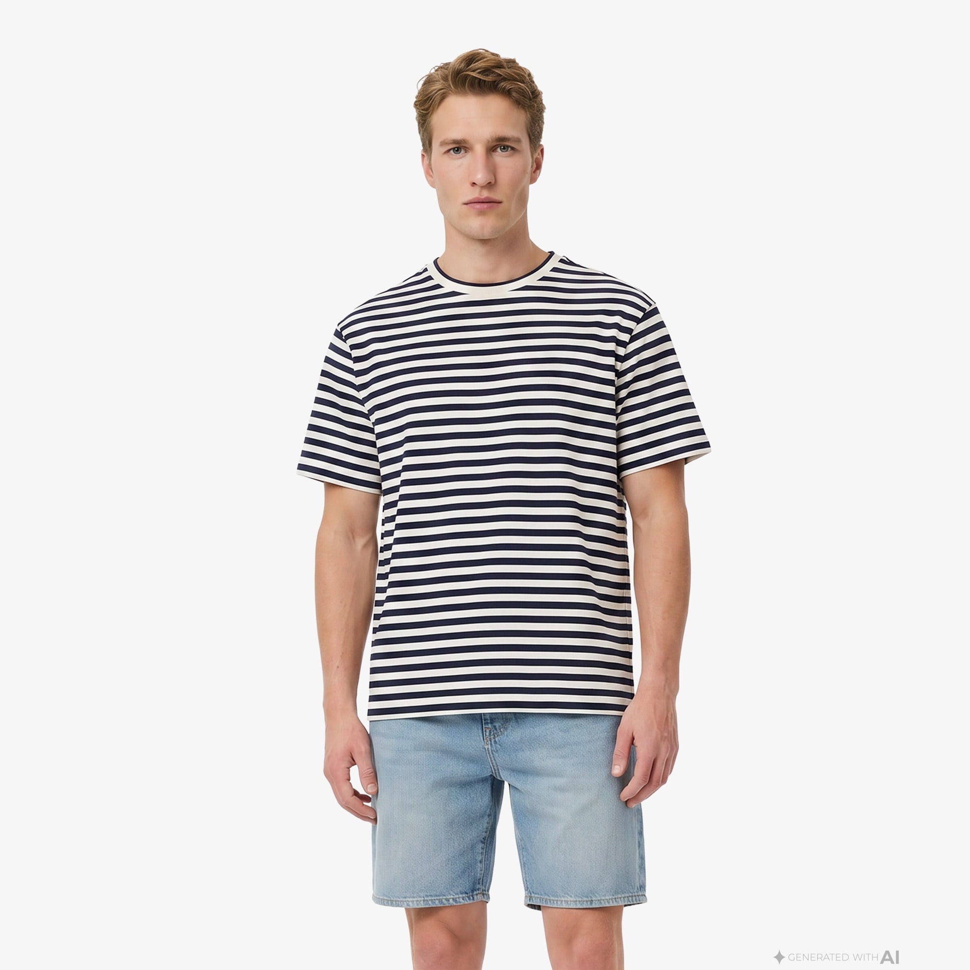 Erkek Relaxed Fit Bisiklet Yaka Çizgili Lacivert T-Shirt