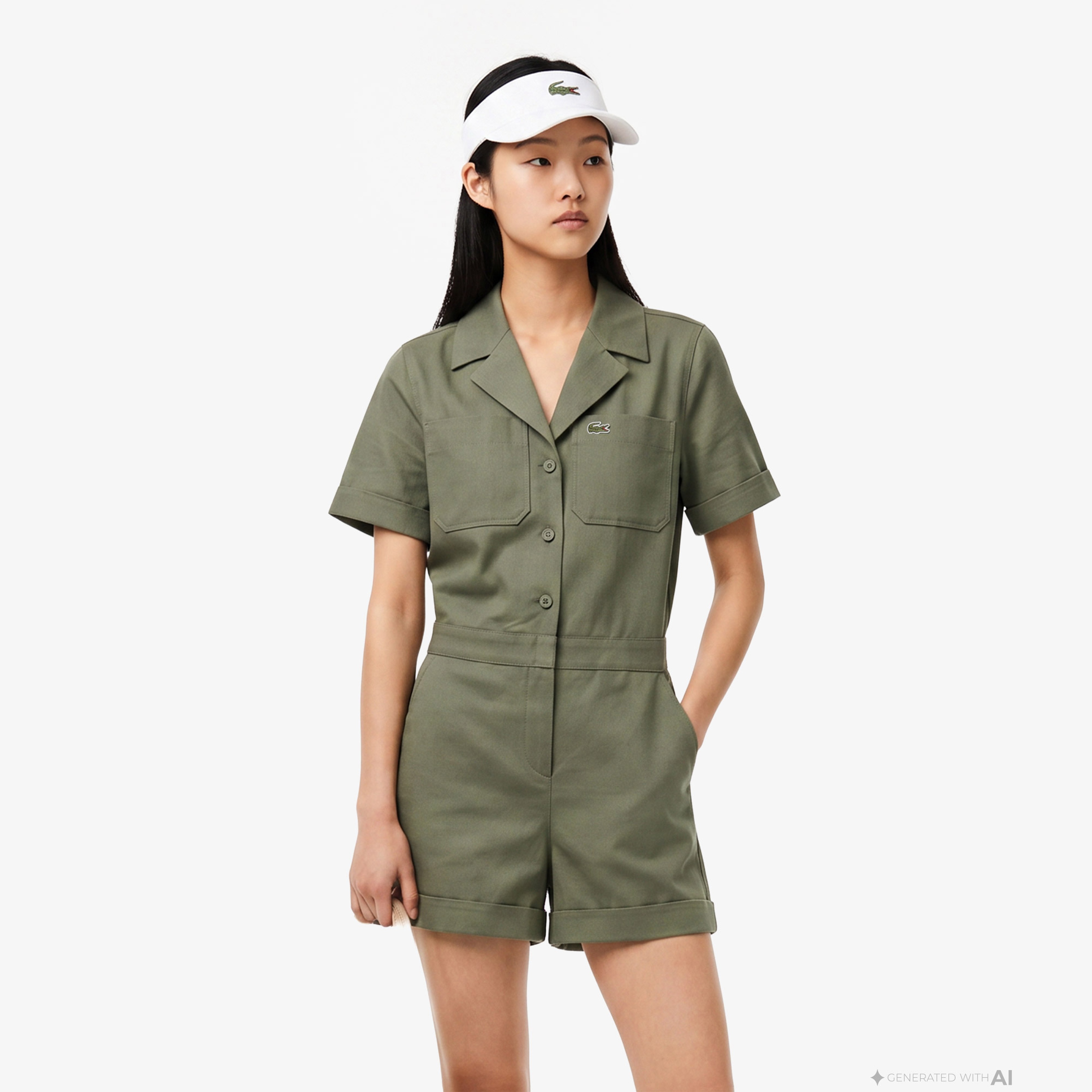 Kadın Classic Fit Kısa Kollu Haki Tulum