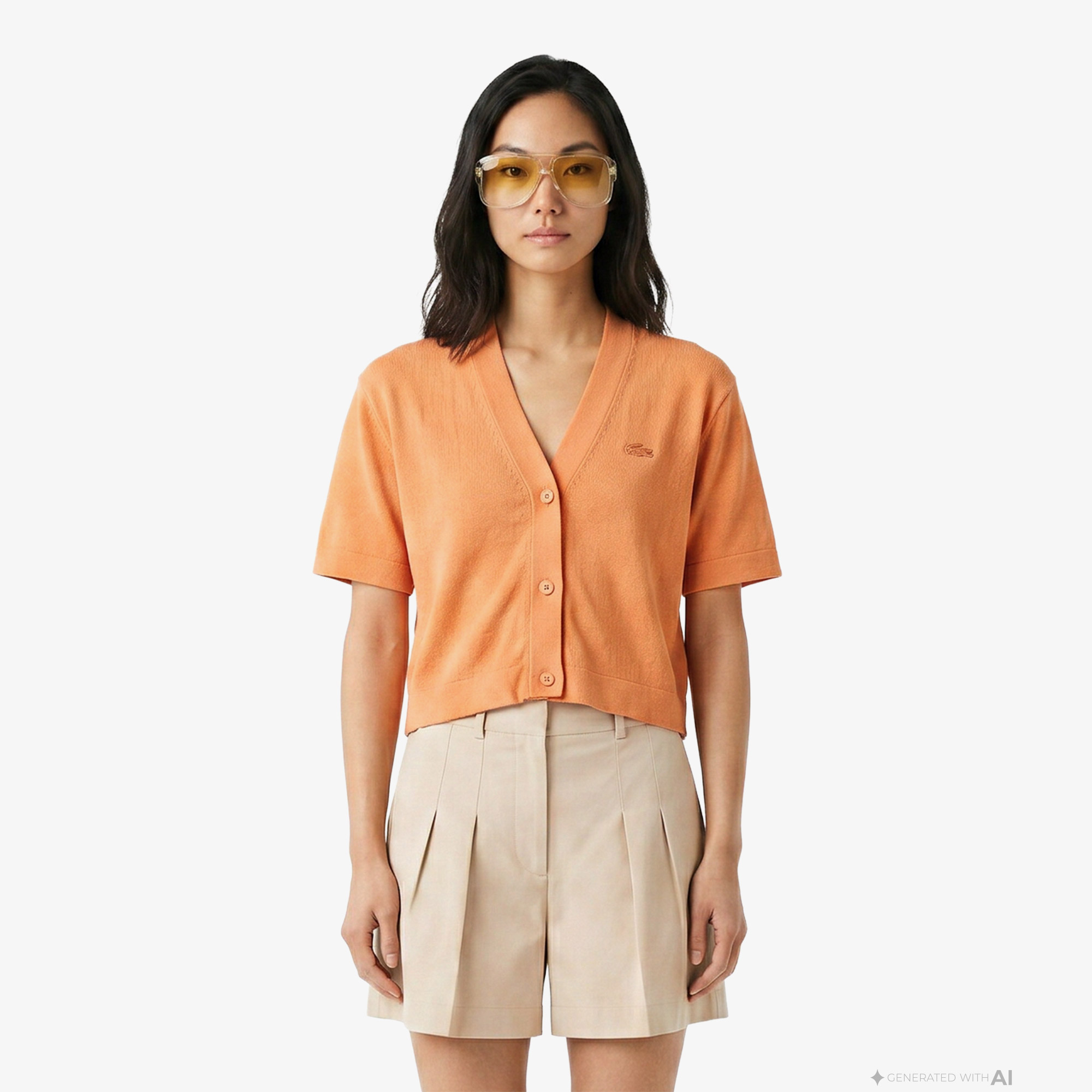 Lacoste Kadın Relaxed Fit Kısa Kollu V Yaka Keten Turuncu Hırka